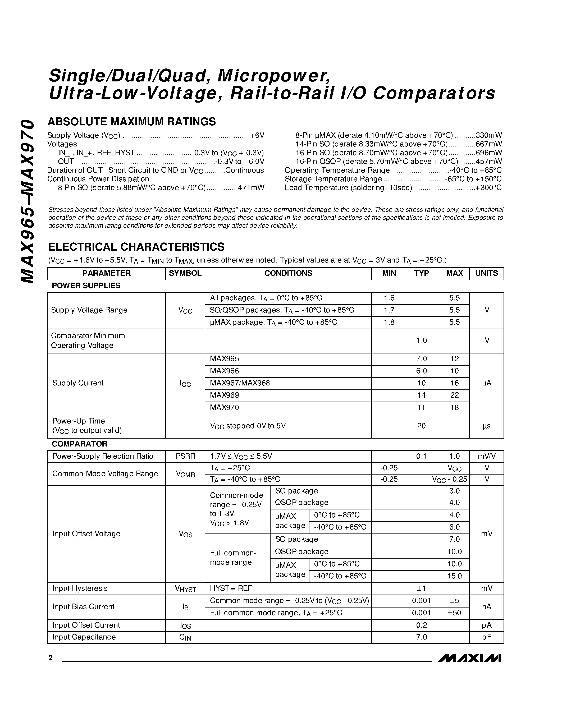 Datasheet MAX970EEE - Single/Dual/Quad / Micropower / Ultra-Low-Voltage / Rail-to-Rail I/O Comparators page 2