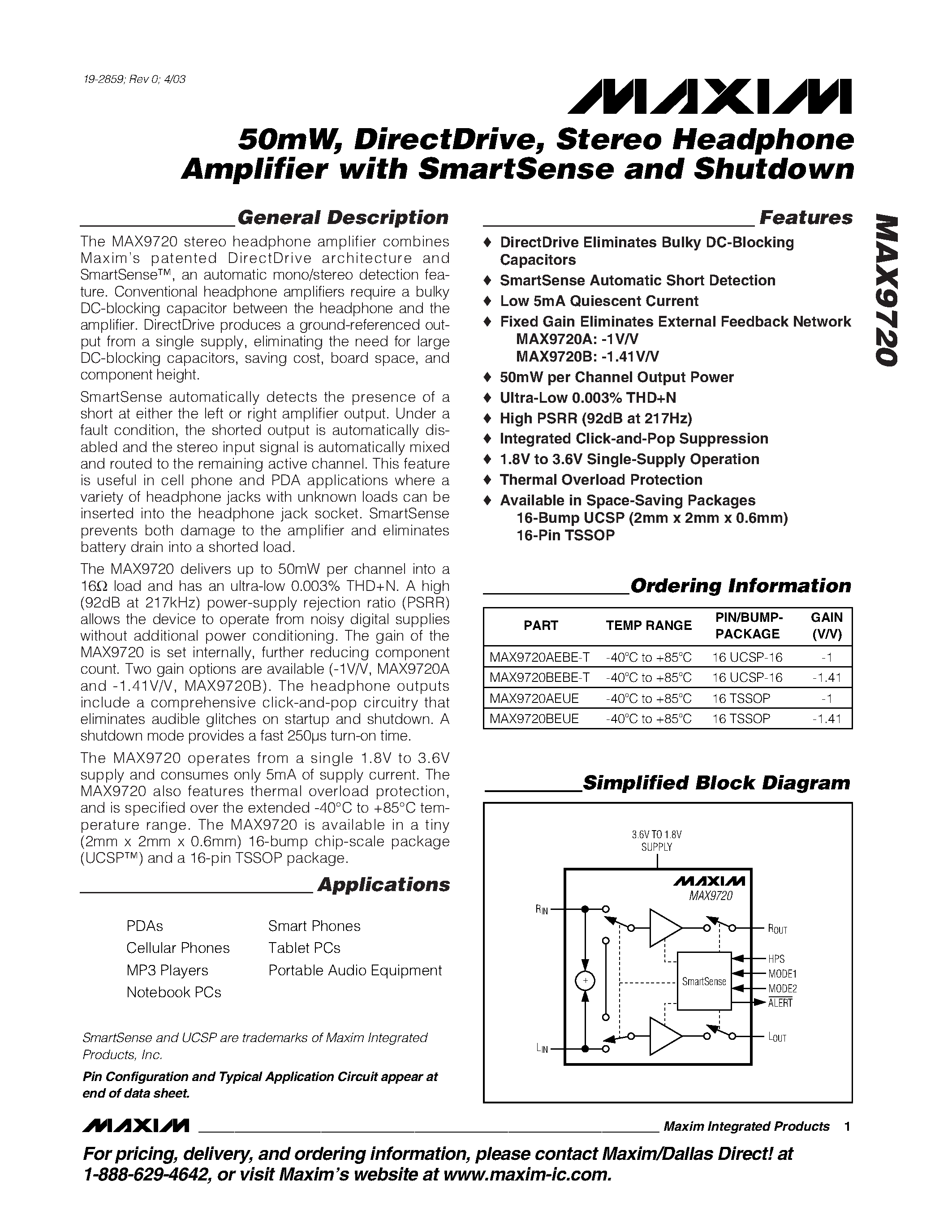 Даташит MAX9720 - 50mW / DirectDrive / Stereo Headphone Amplifier with SmartSense and Shutdown страница 1