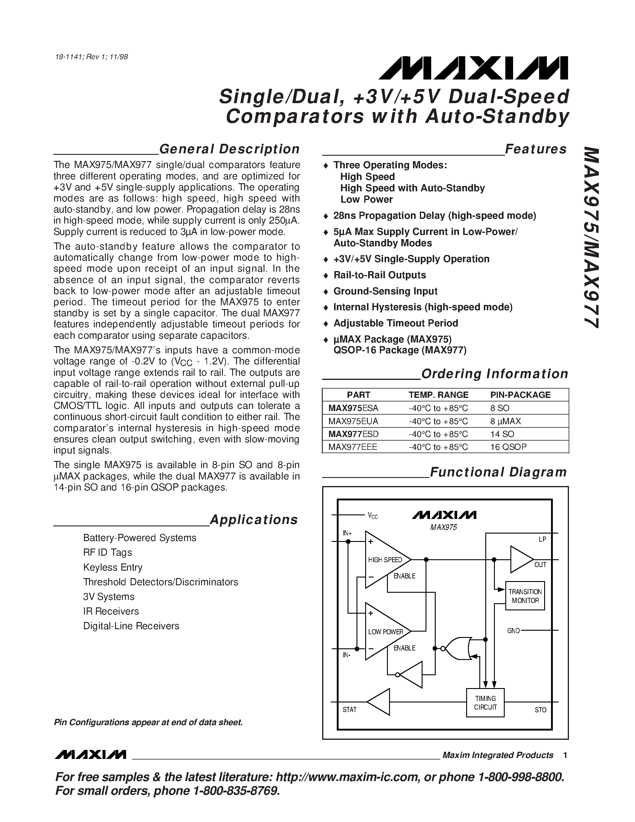 Даташит на микросхему MAX975EUA страница 1 Даташит MAX975EUA - Single/Dual / +3V/+5V Dual-Speed Comparators with Auto-Standby страница 1