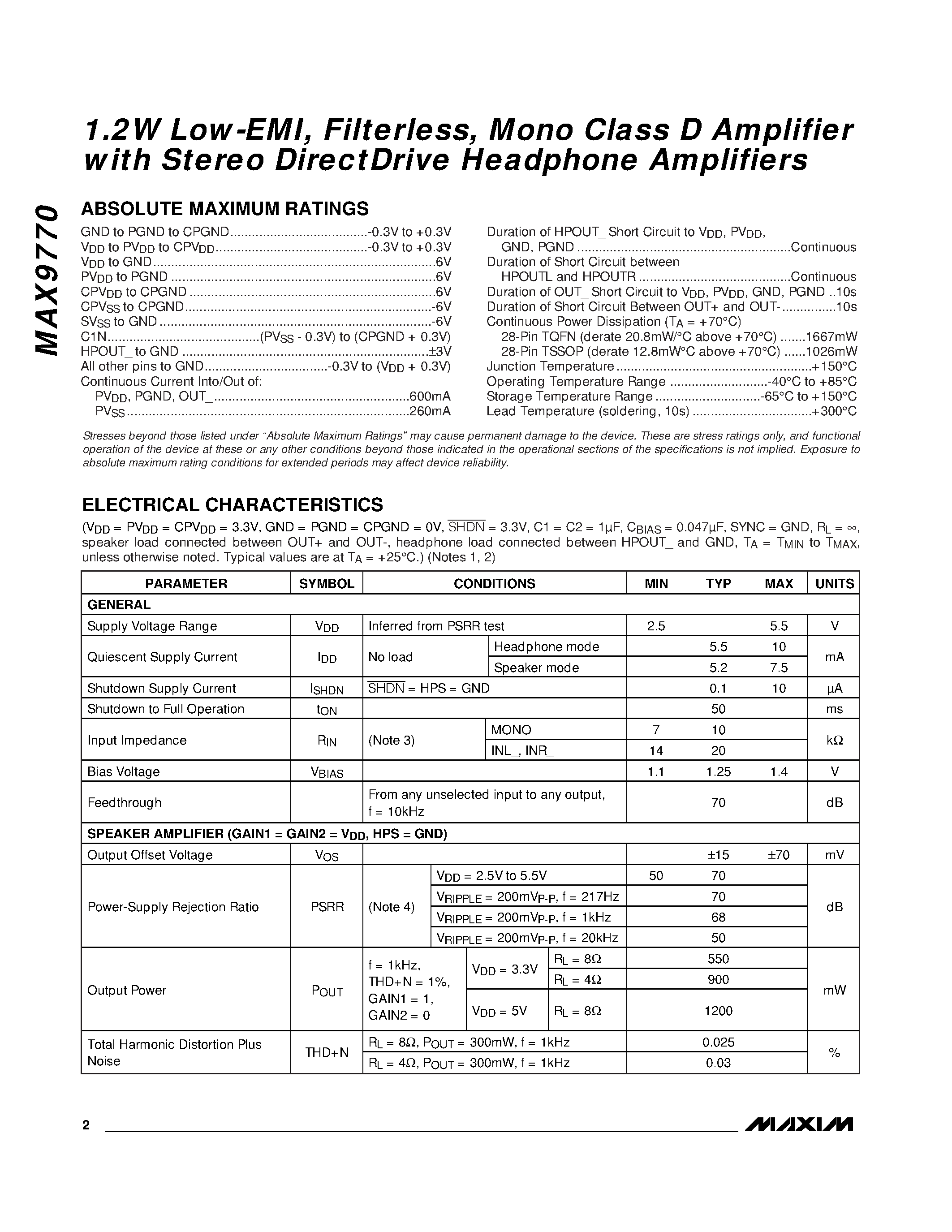 Даташит на микросхему MAX9770EUI страница 2 Даташит MAX9770EUI - 1.2W Low-EMI / Filterless / Mono Class D Amplifier with Stereo DirectDrive Headphone Amplifiers страница 2