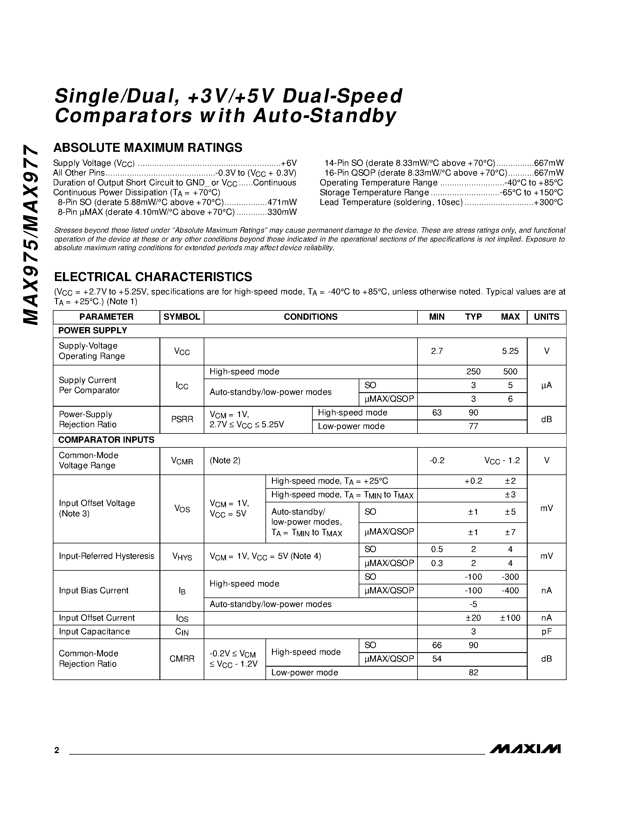 Даташит на микросхему MAX977EEE страница 2 Даташит MAX977EEE - Single/Dual / +3V/+5V Dual-Speed Comparators with Auto-Standby страница 2