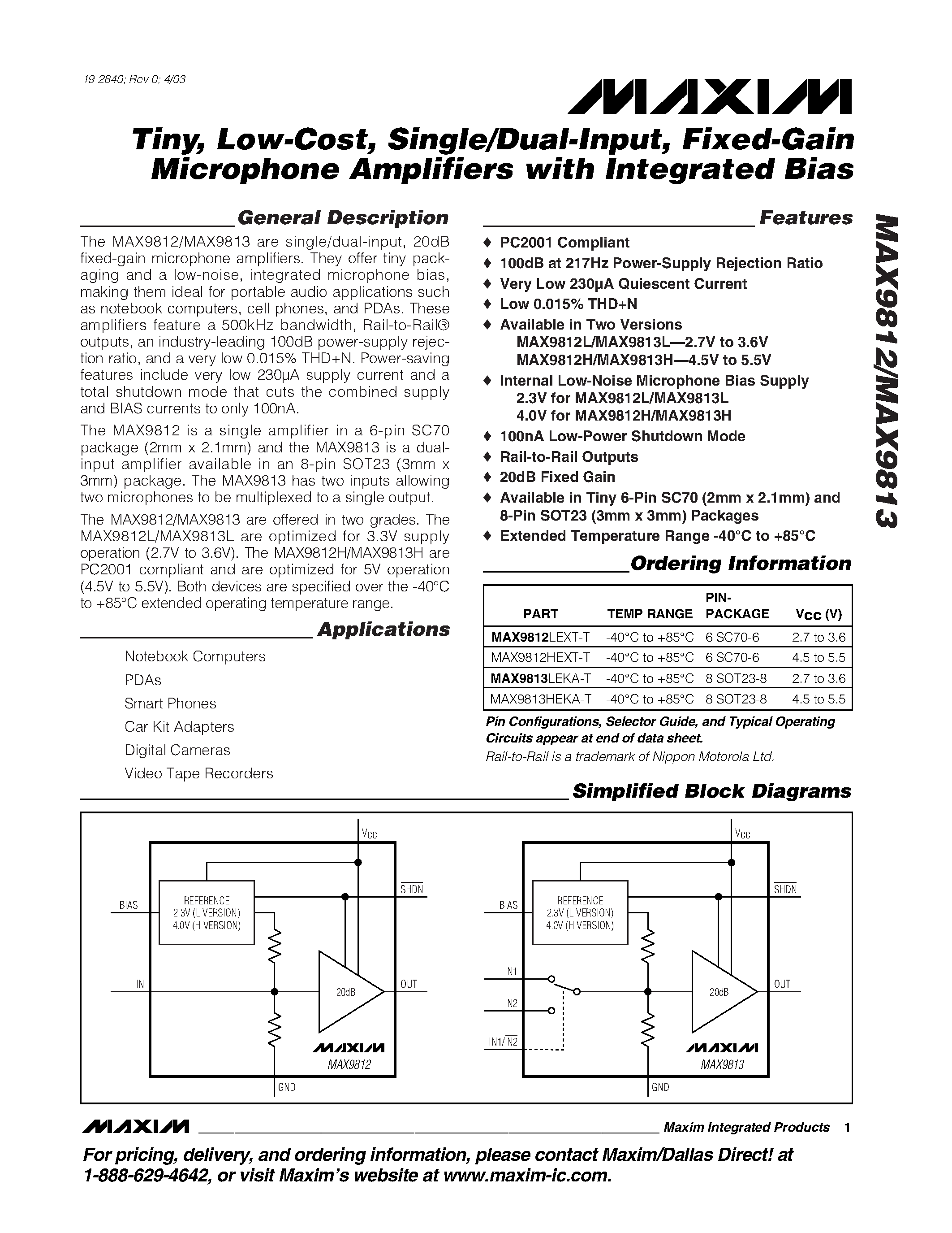 Datasheet MAX9812HEXT-T - Tiny / Low-Cost / Single/Dual-Input / Fixed-Gain Microphone Amplifiers with Integrated Bias page 1