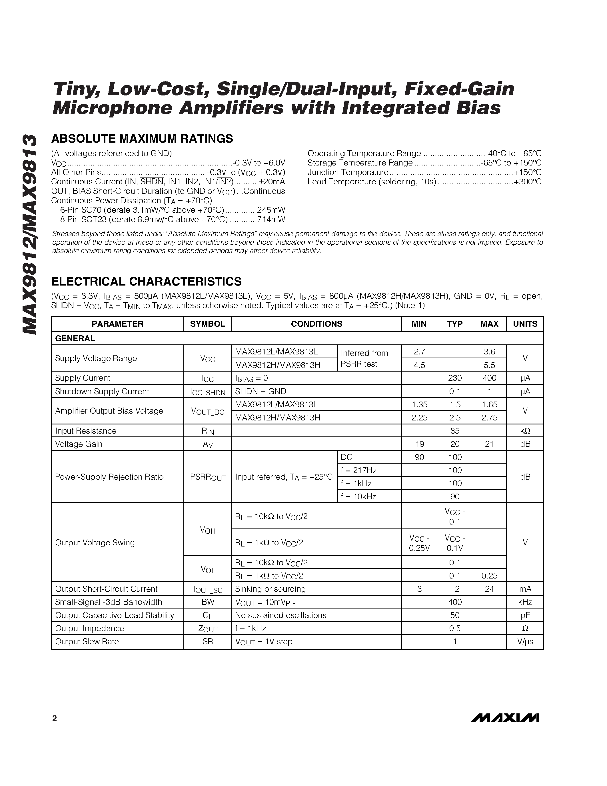 Datasheet MAX9812LEXT-T - Tiny / Low-Cost / Single/Dual-Input / Fixed-Gain Microphone Amplifiers with Integrated Bias page 2