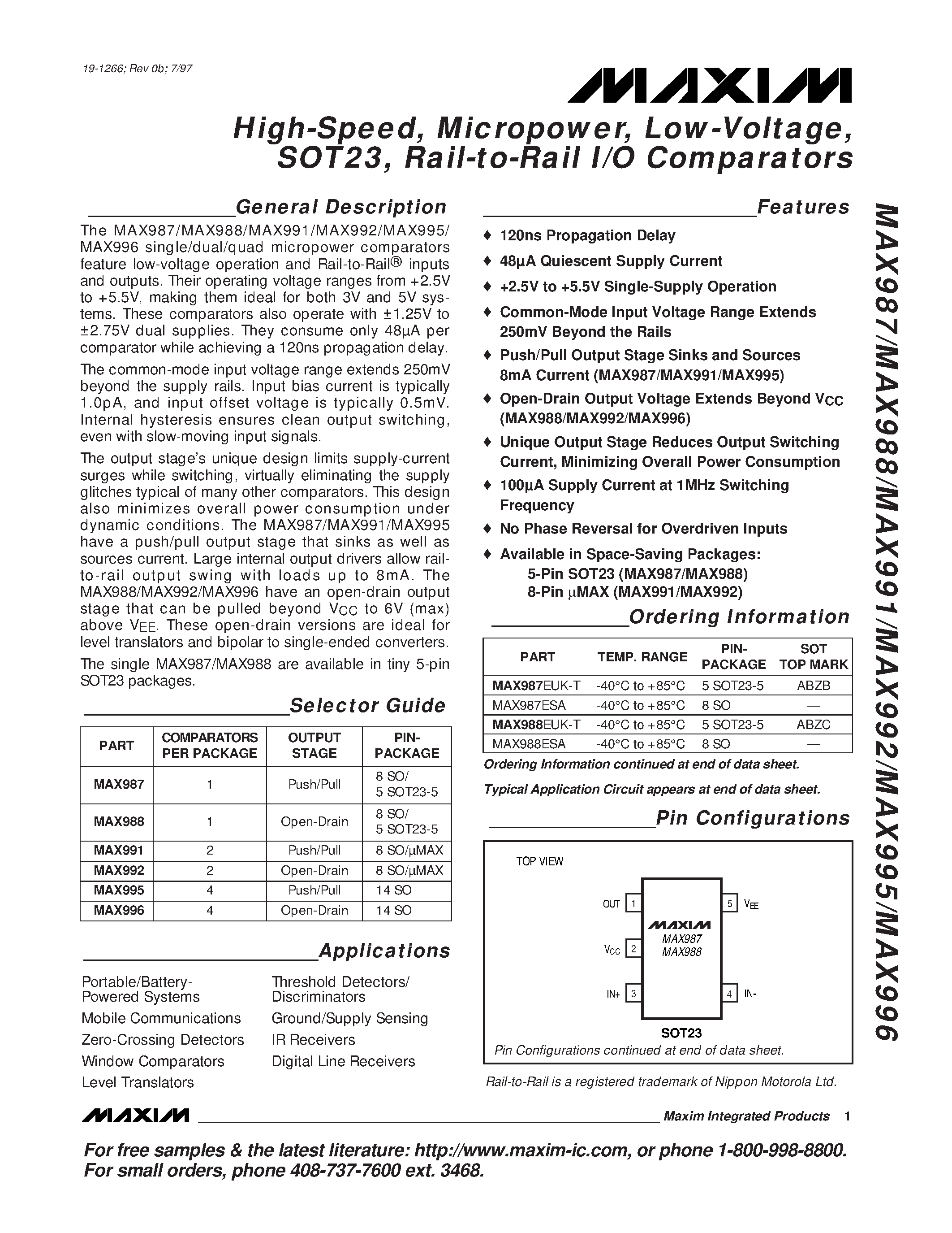 Datasheet MAX988 - High-Speed / Micropower / Low-Voltage / SOT23 / Rail-to-Rail I/O Comparators page 1