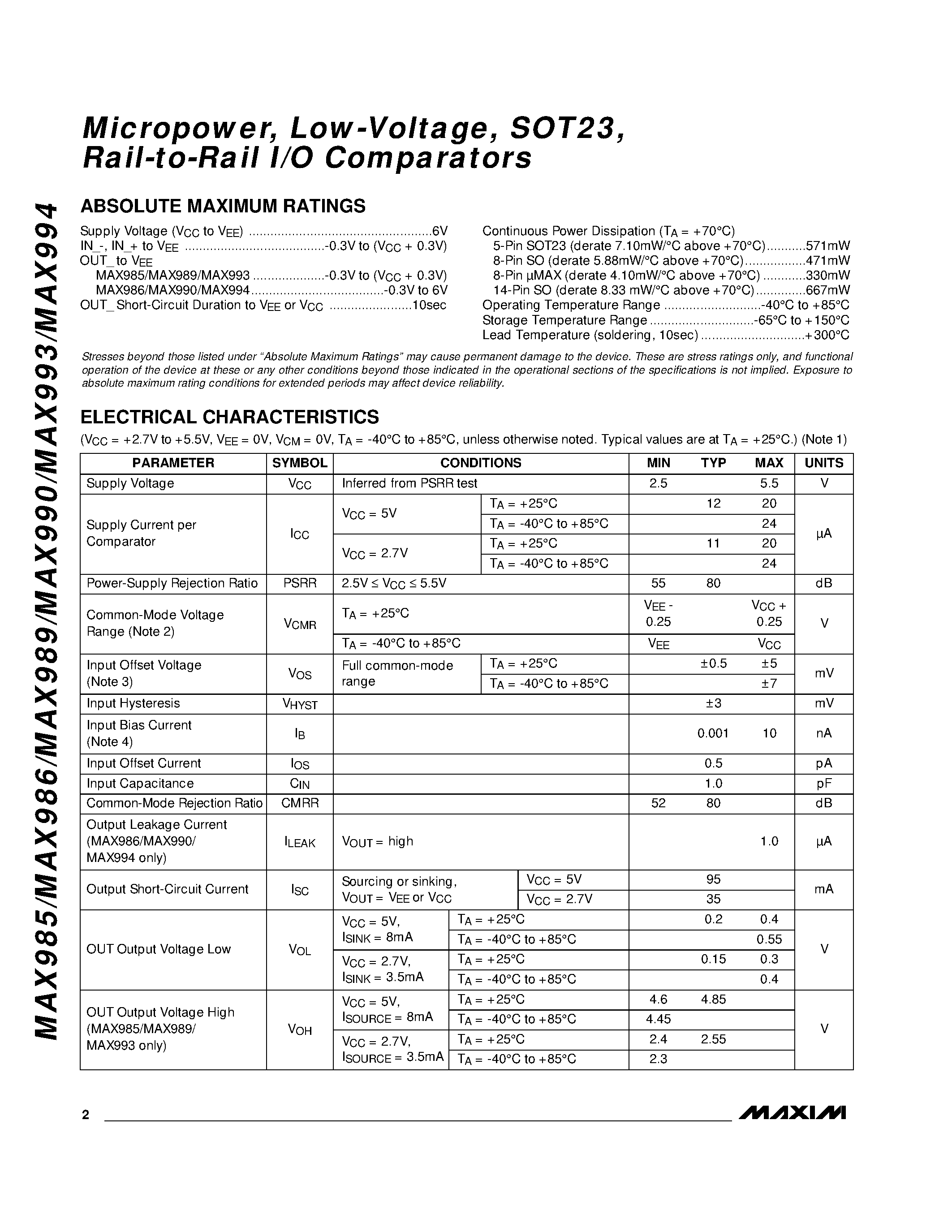 Datasheet MAX990ESA - Micropower / Low-Voltage / SOT23 / Rail-to-Rail I/O Comparators page 2