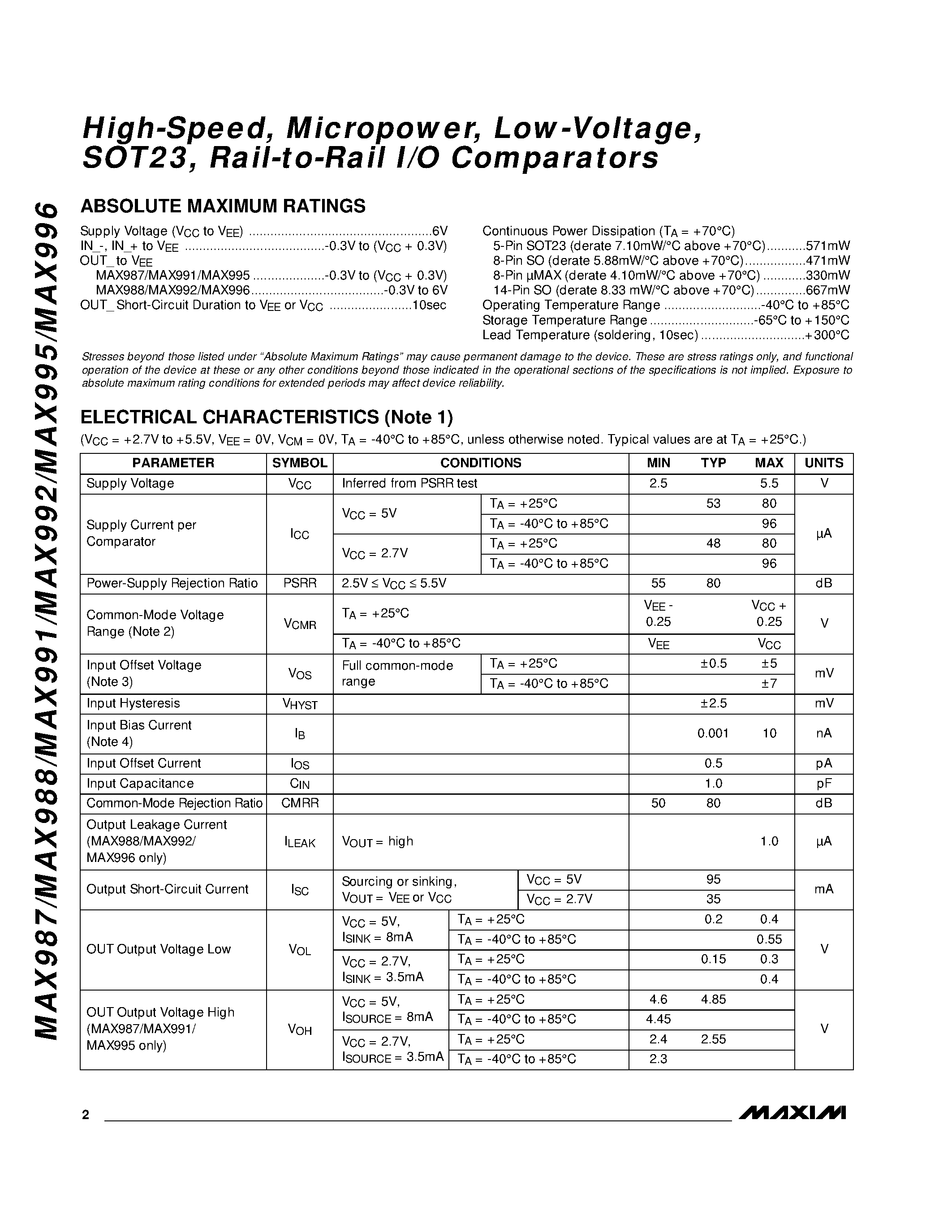 Datasheet MAX995 - High-Speed / Micropower / Low-Voltage / SOT23 / Rail-to-Rail I/O Comparators page 2