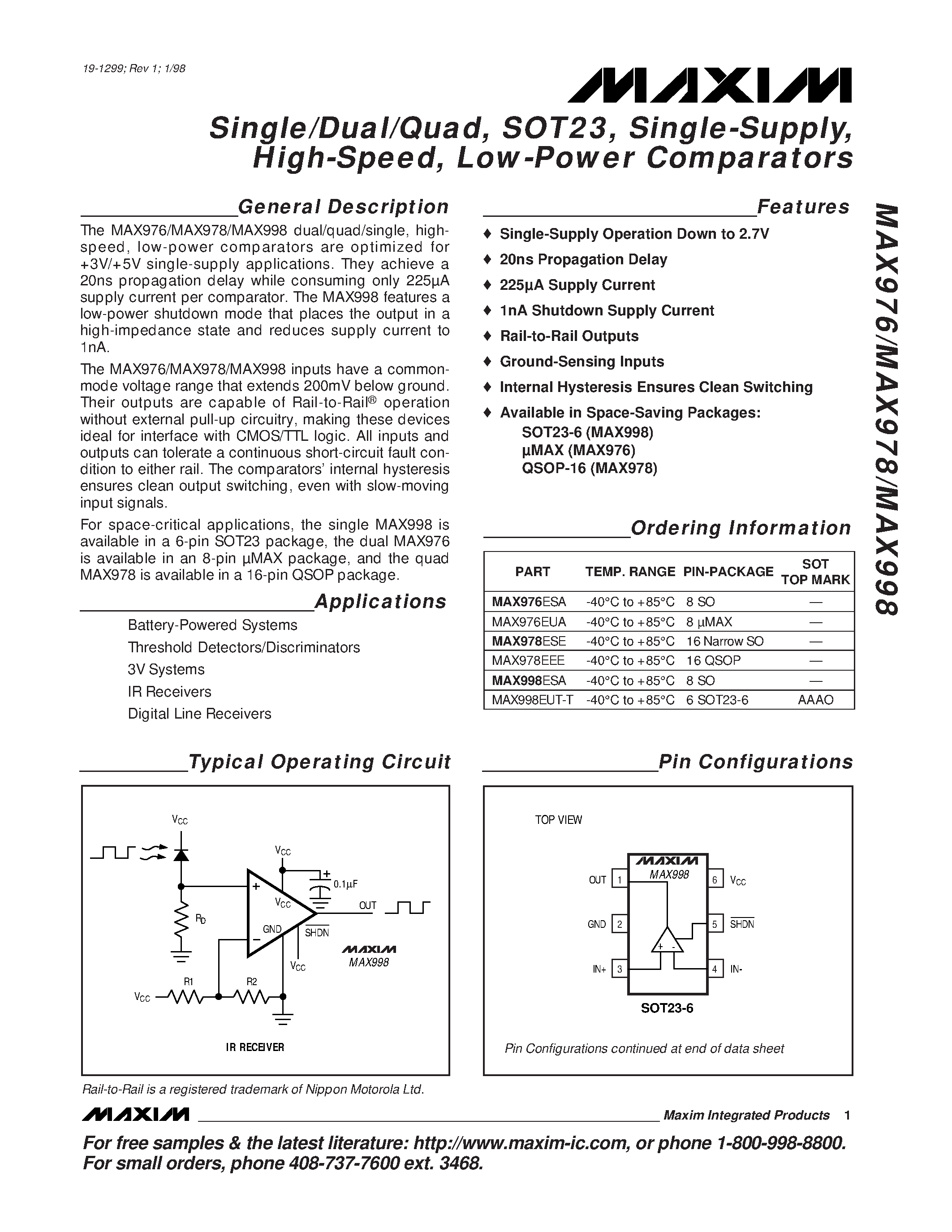 Даташит MAX998EUT-T - Single/Dual/Quad / SOT23 / Single-Supply / High-Speed / Low-Power Comparators страница 1