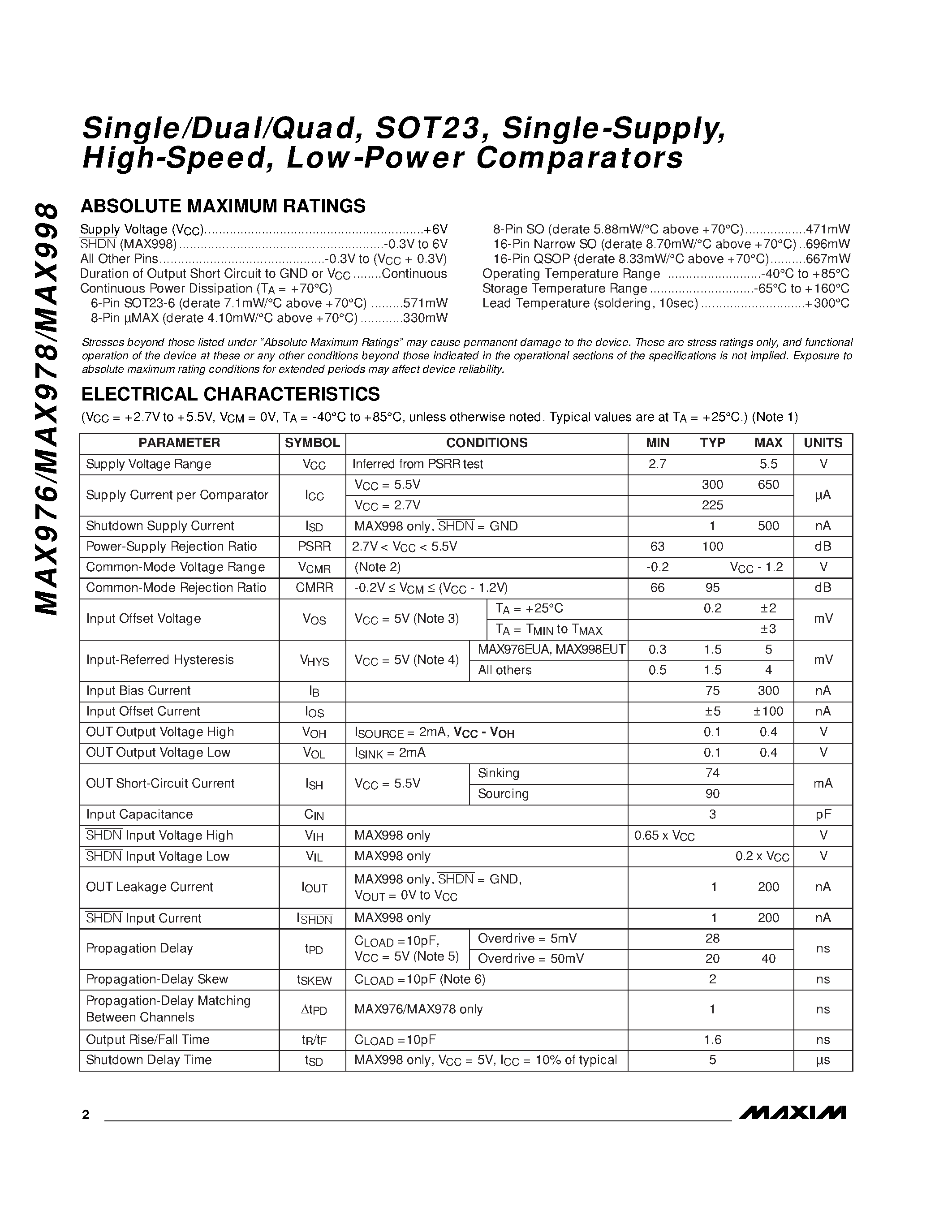 Даташит MAX998EUT-T - Single/Dual/Quad / SOT23 / Single-Supply / High-Speed / Low-Power Comparators страница 2