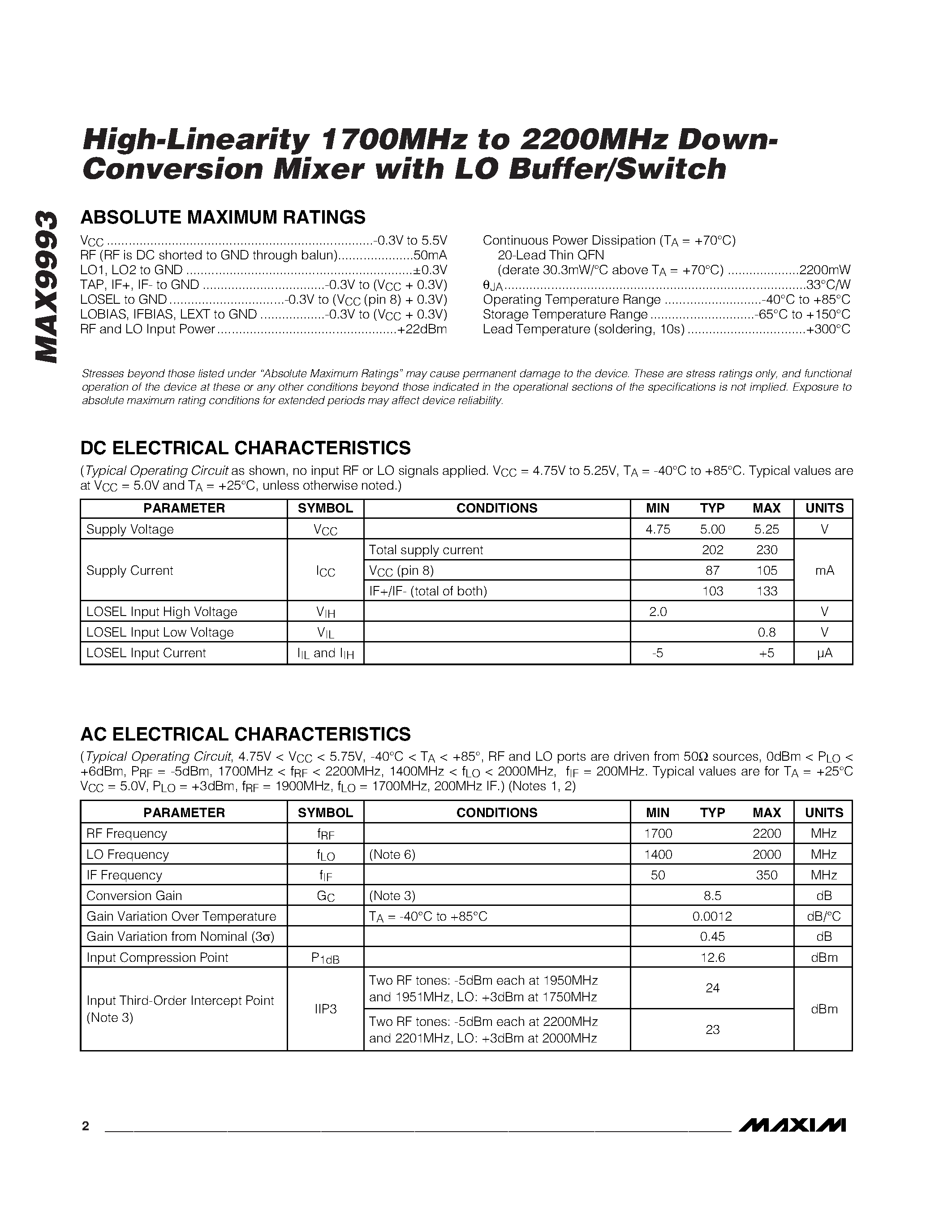 Datasheet MAX9993 page 2 Datasheet MAX9993 - High-Linearity 1700MHz to 2200MHz Down- Conversion Mixer with LO Buffer/Switch page 2