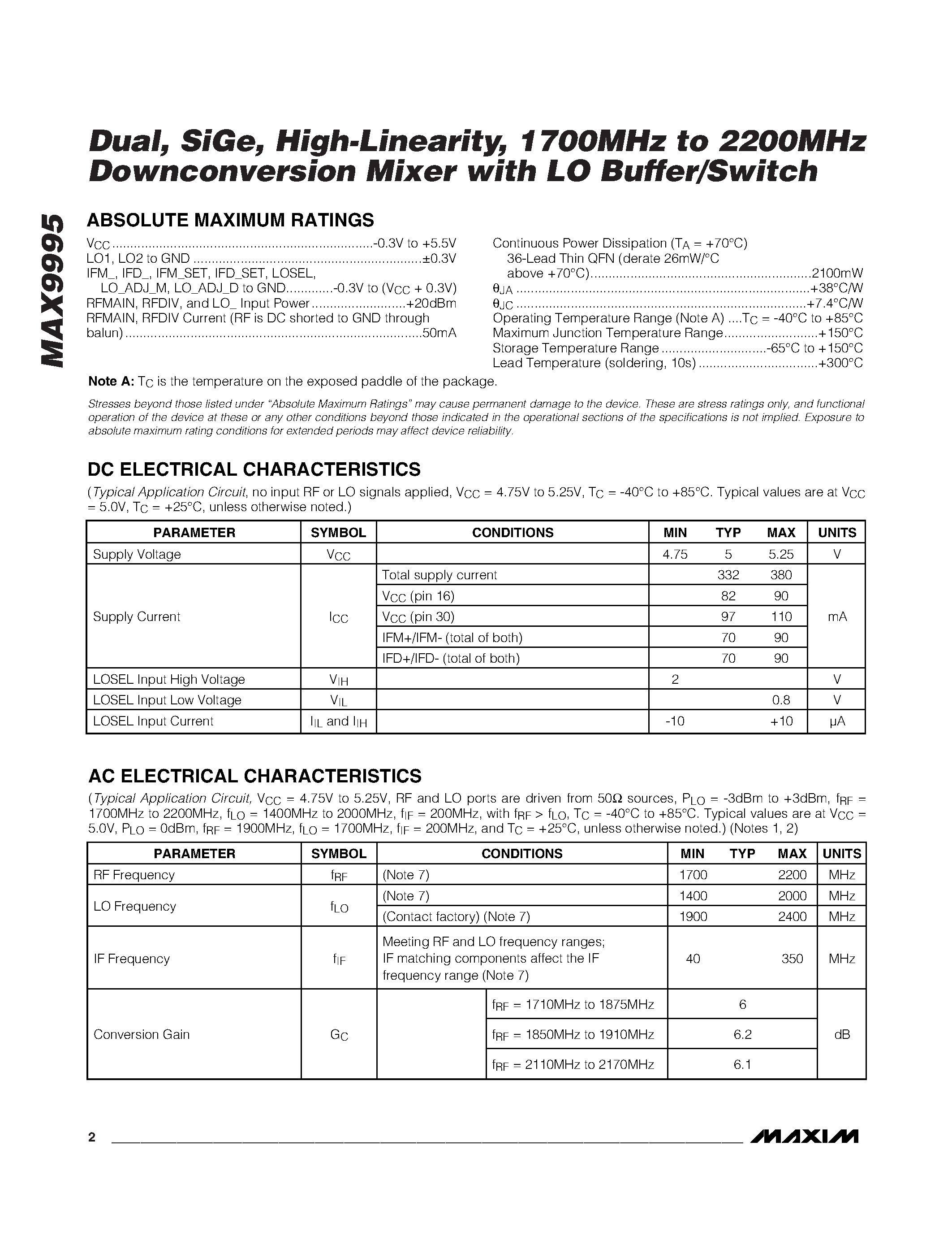 Datasheet MAX9995 page 2 Datasheet MAX9995 - Dual / SiGe / High-Linearity / 1700MHz to 2200MHz Downconversion Mixer with LO Buffer/Switch page 2