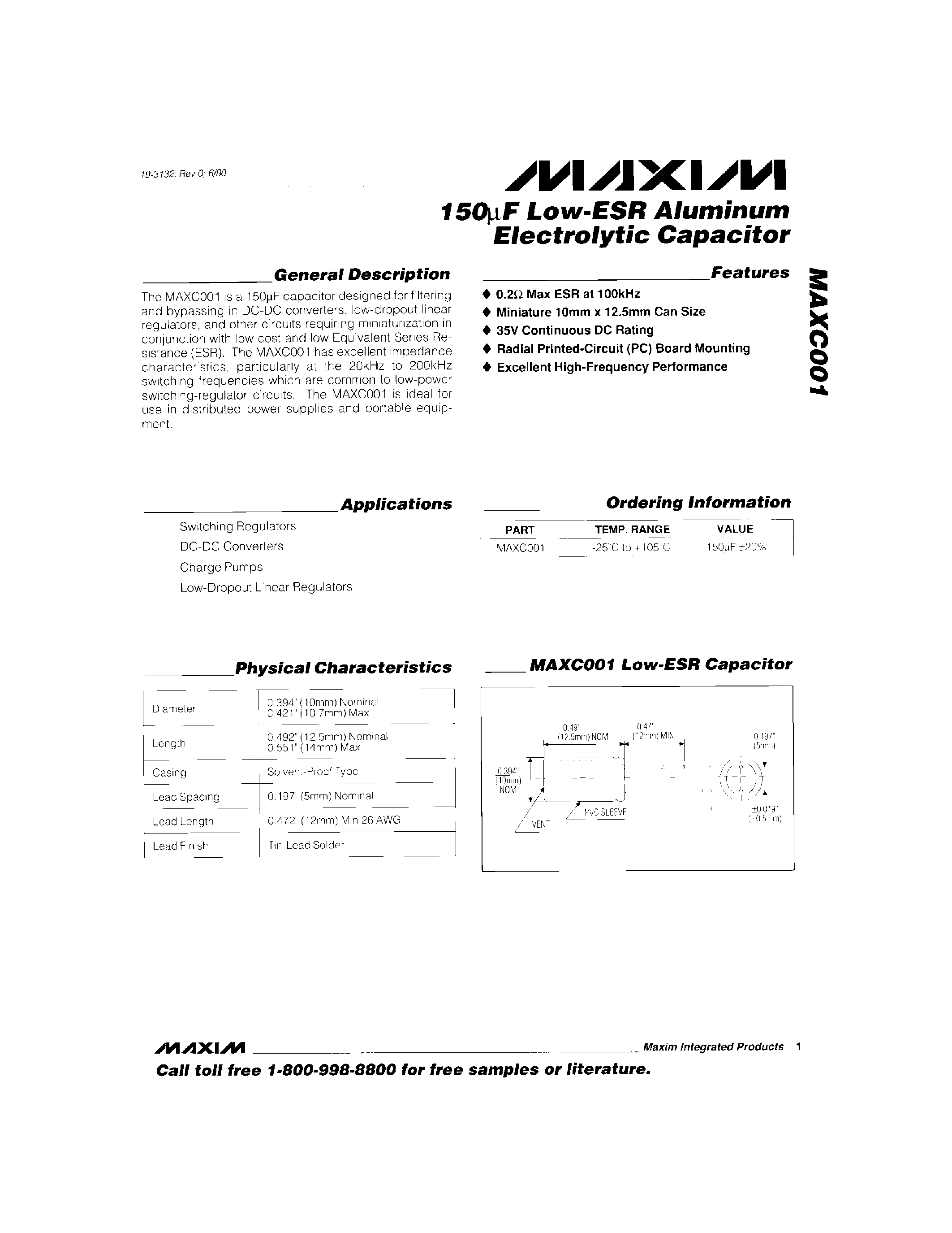 Datasheet MAXC001 - 150F Low-ESR Aluminum Electroytic Capacitor page 1