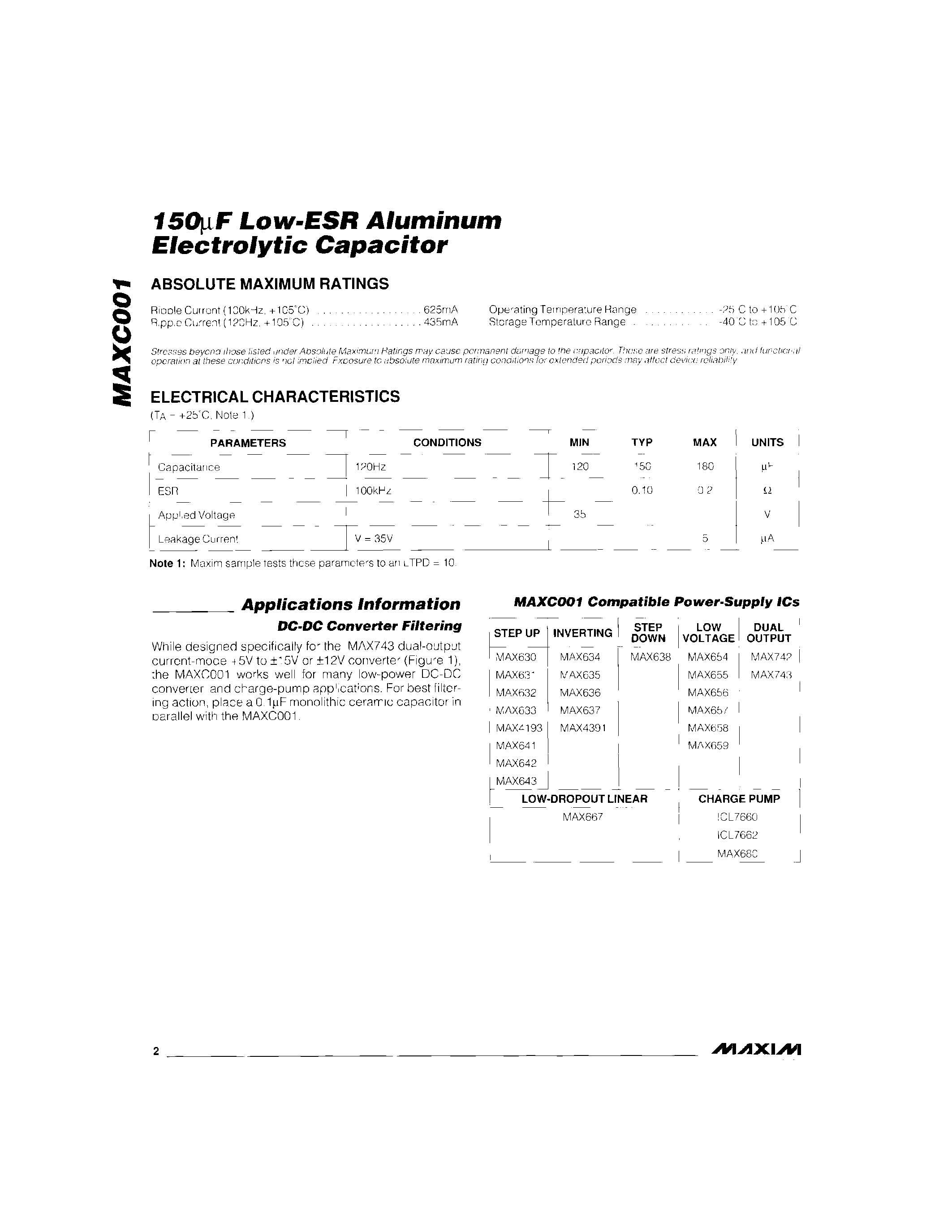 Datasheet MAXC001 - 150F Low-ESR Aluminum Electroytic Capacitor page 2