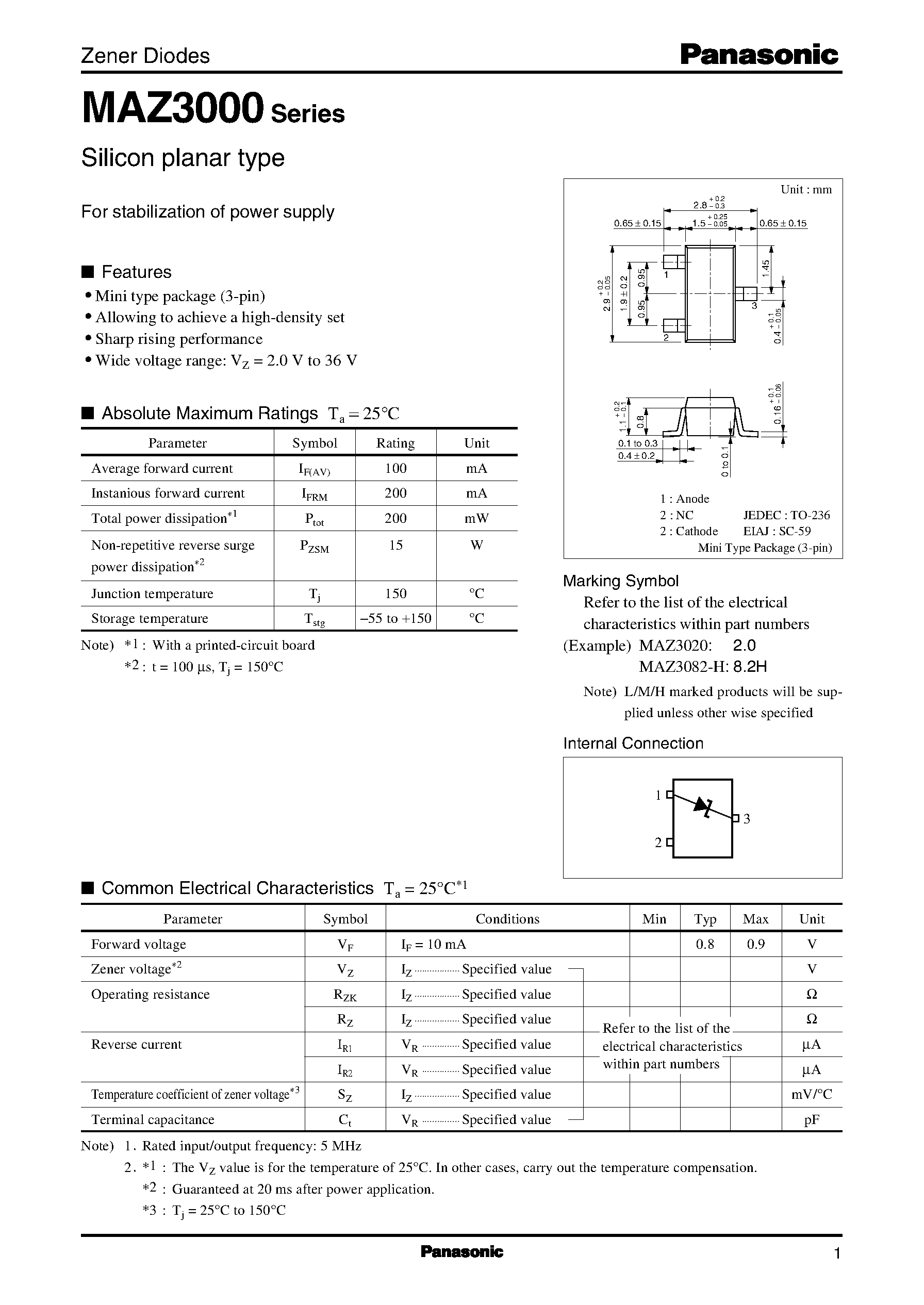 Datasheet MAZ3100-M page 1 Datasheet MAZ3100-M - Silicon planar type page 1