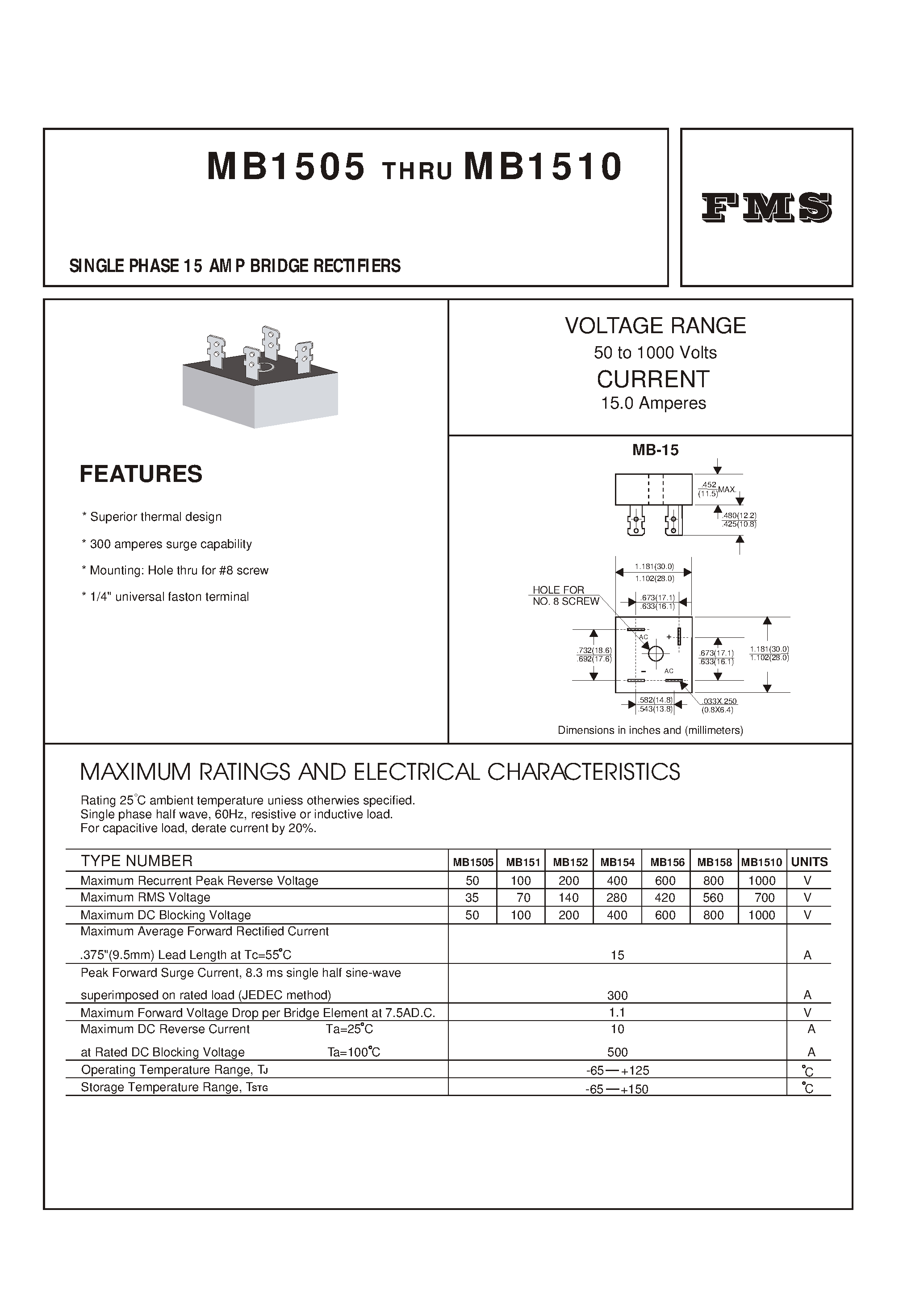 Datasheet MB154 page 1 Datasheet MB154 - SINGLE PHASE 15 AMP BRIDGE RECTIFIERS page 1