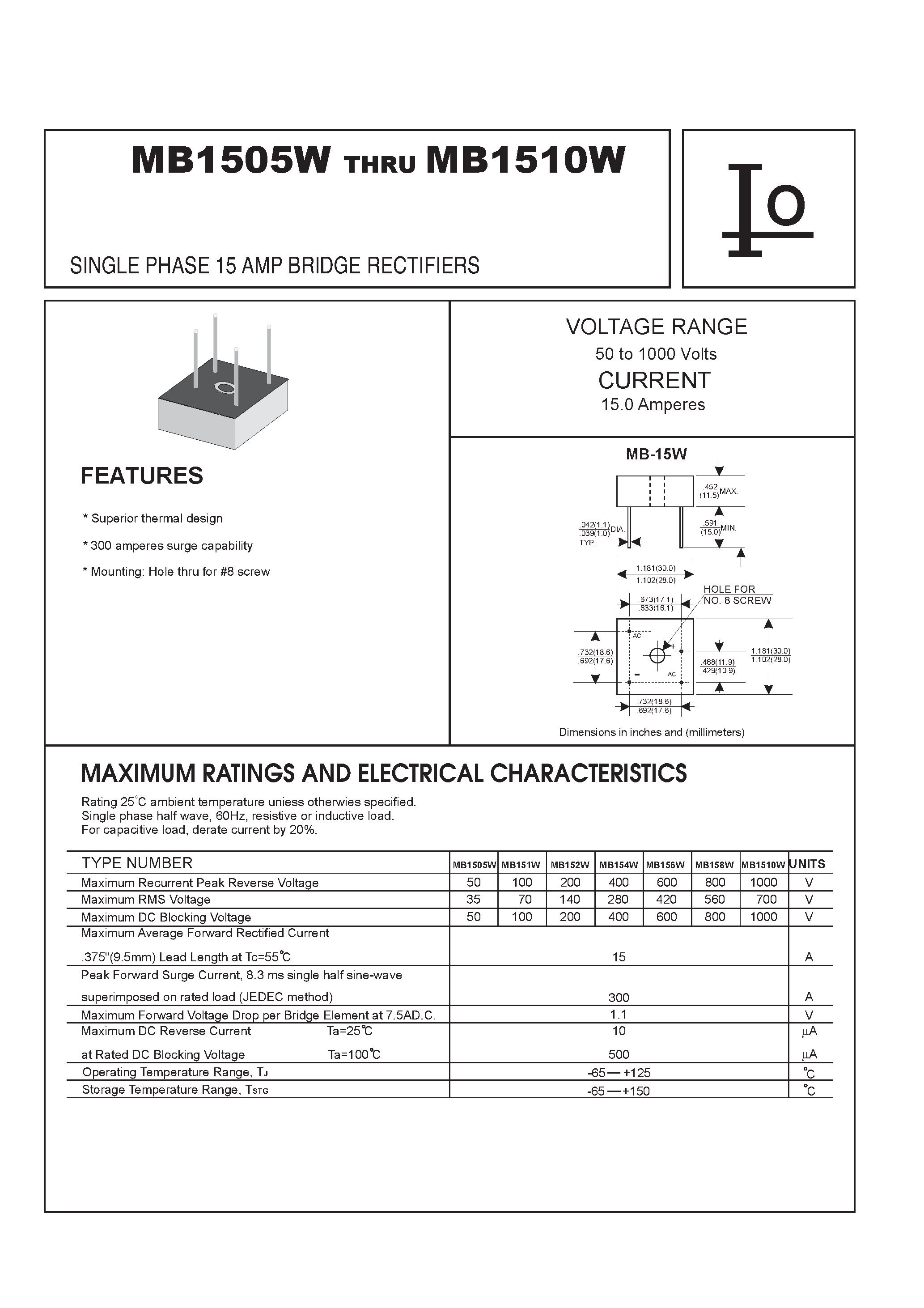 Datasheet MB154W page 1 Datasheet MB154W - SINGLE PHASE 15 AMP BRIDGE RECTIFIERS page 1