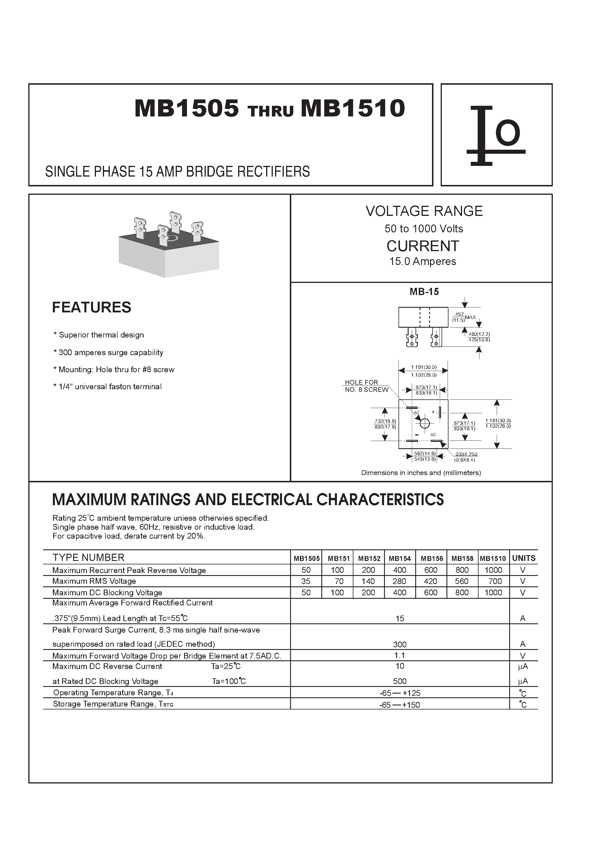 Datasheet MB156 page 1 Datasheet MB156 - SINGLE PHASE 15 AMP BRIDGE RECTIFIERS page 1