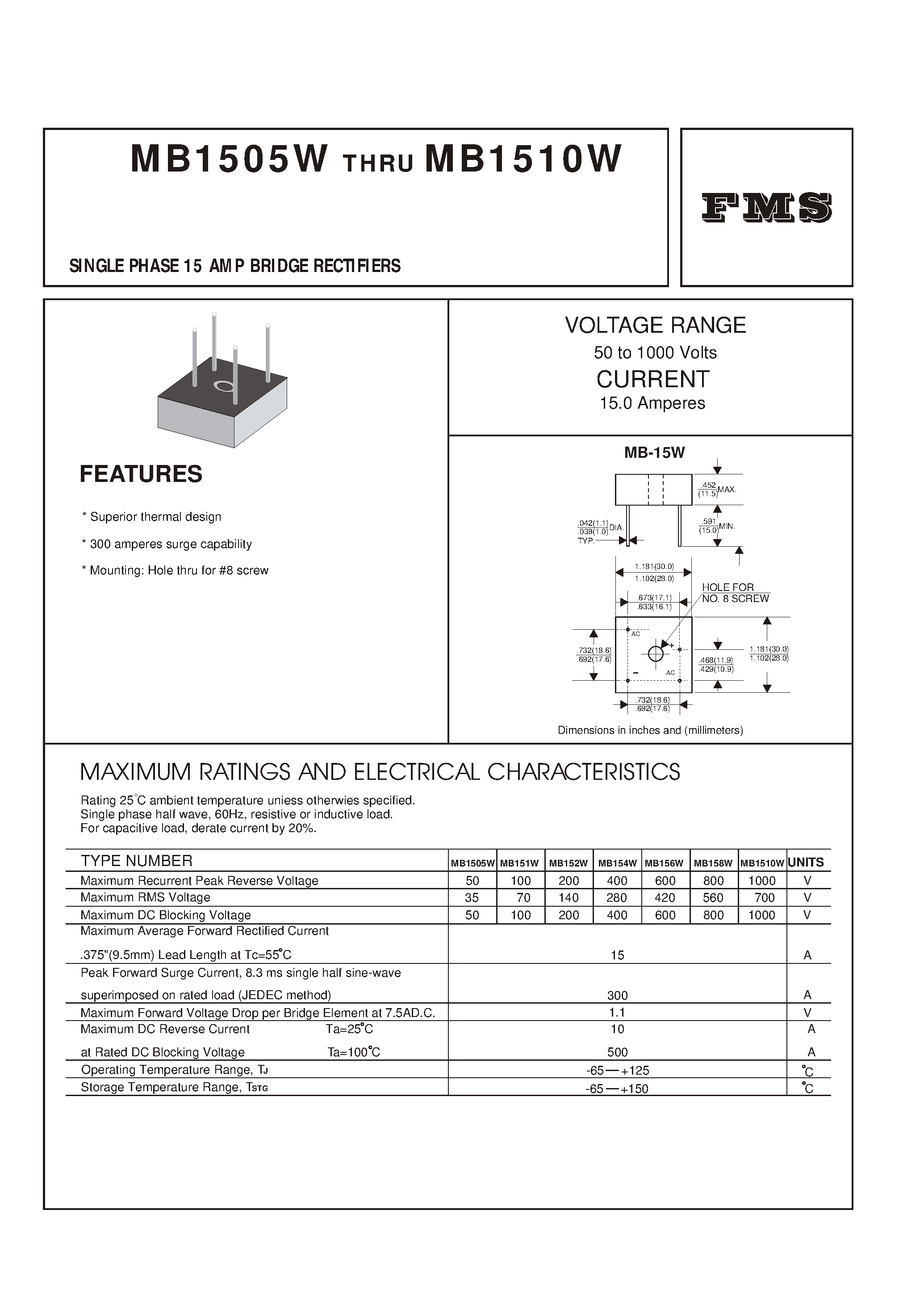 Datasheet MB156W page 1 Datasheet MB156W - SINGLE PHASE 15 AMP BRIDGE RECTIFIERS page 1
