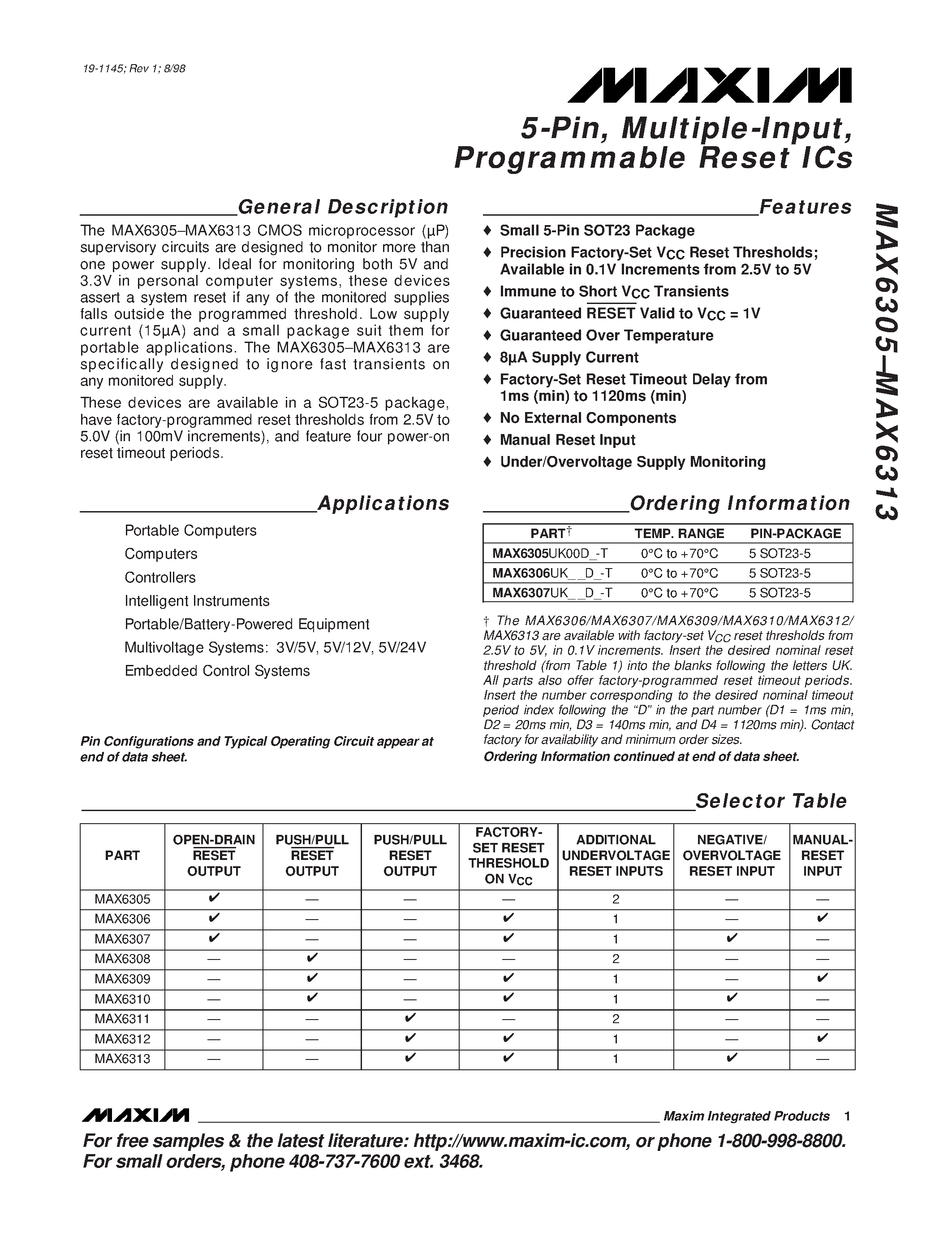 Даташит MAX6306UK39D1-T - 5-Pin / Multiple-Input / Programmable Reset ICs страница 1