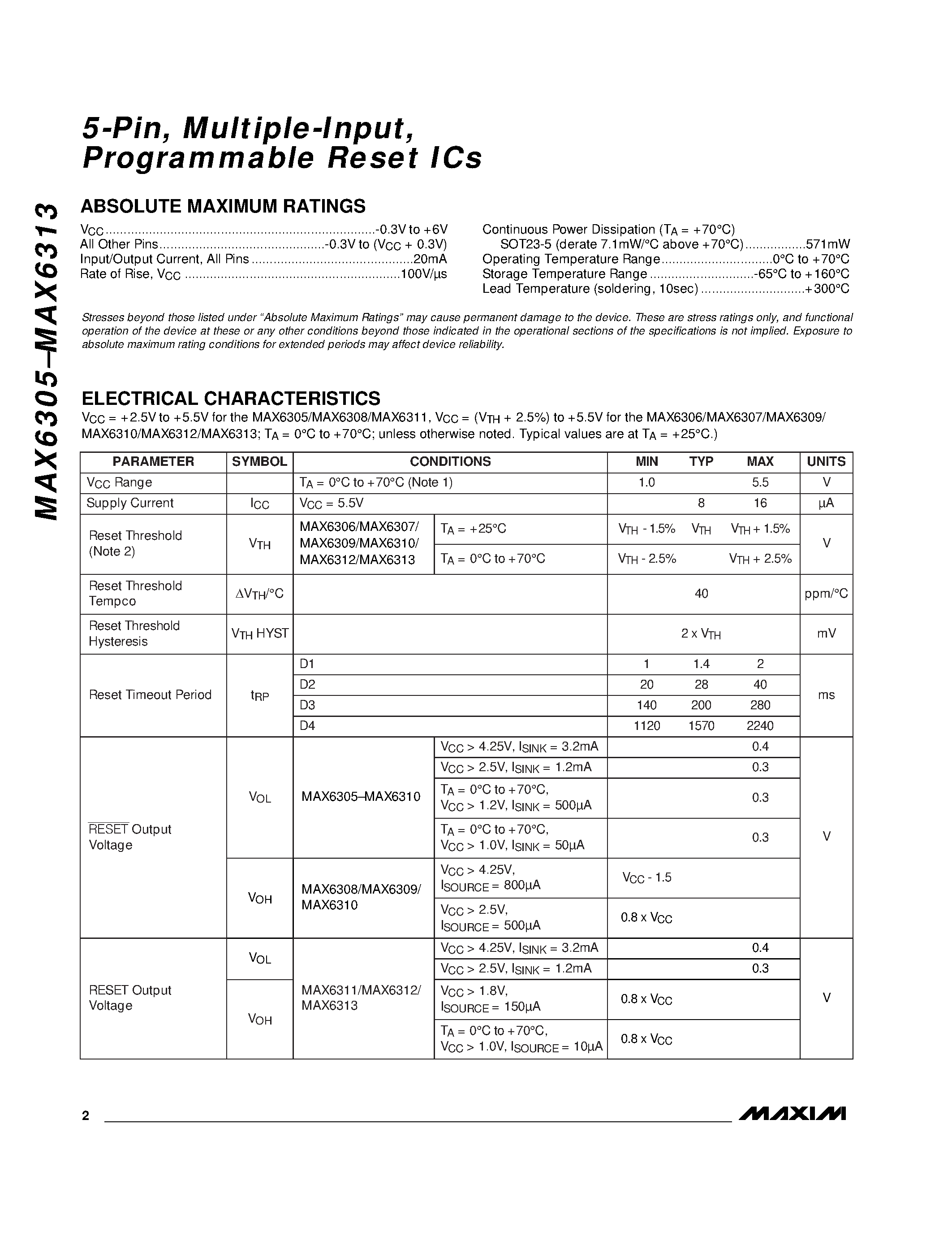 Datasheet MAX6309UK46D4-T - 5-Pin / Multiple-Input / Programmable Reset ICs page 2