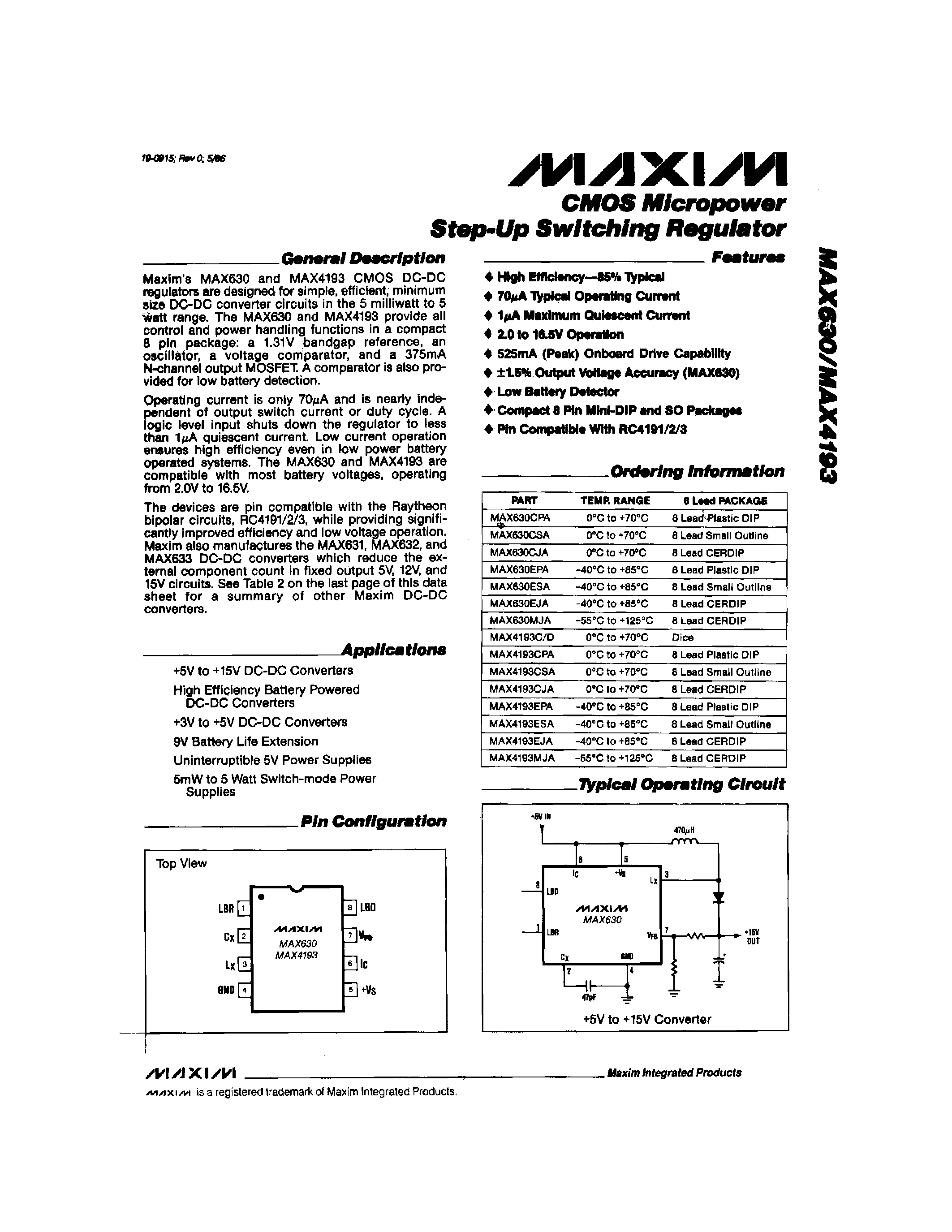 Datasheet MAX630CSA - CMOS Micropower Step-UP Switching Regulator page 1