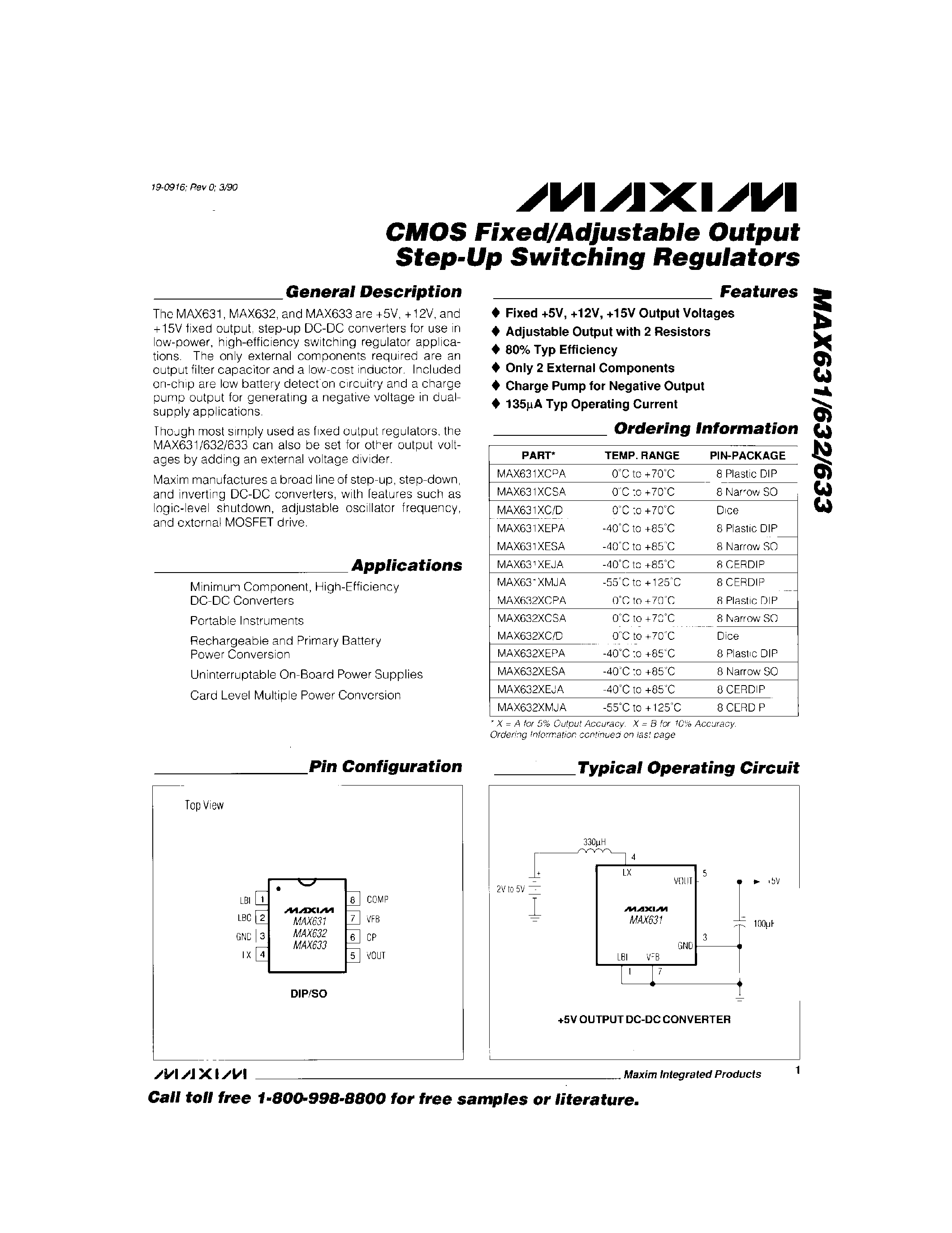 Datasheet MAX631 - CMOS Fixed/Adjustable Output Step-Up Switching Regulators page 1