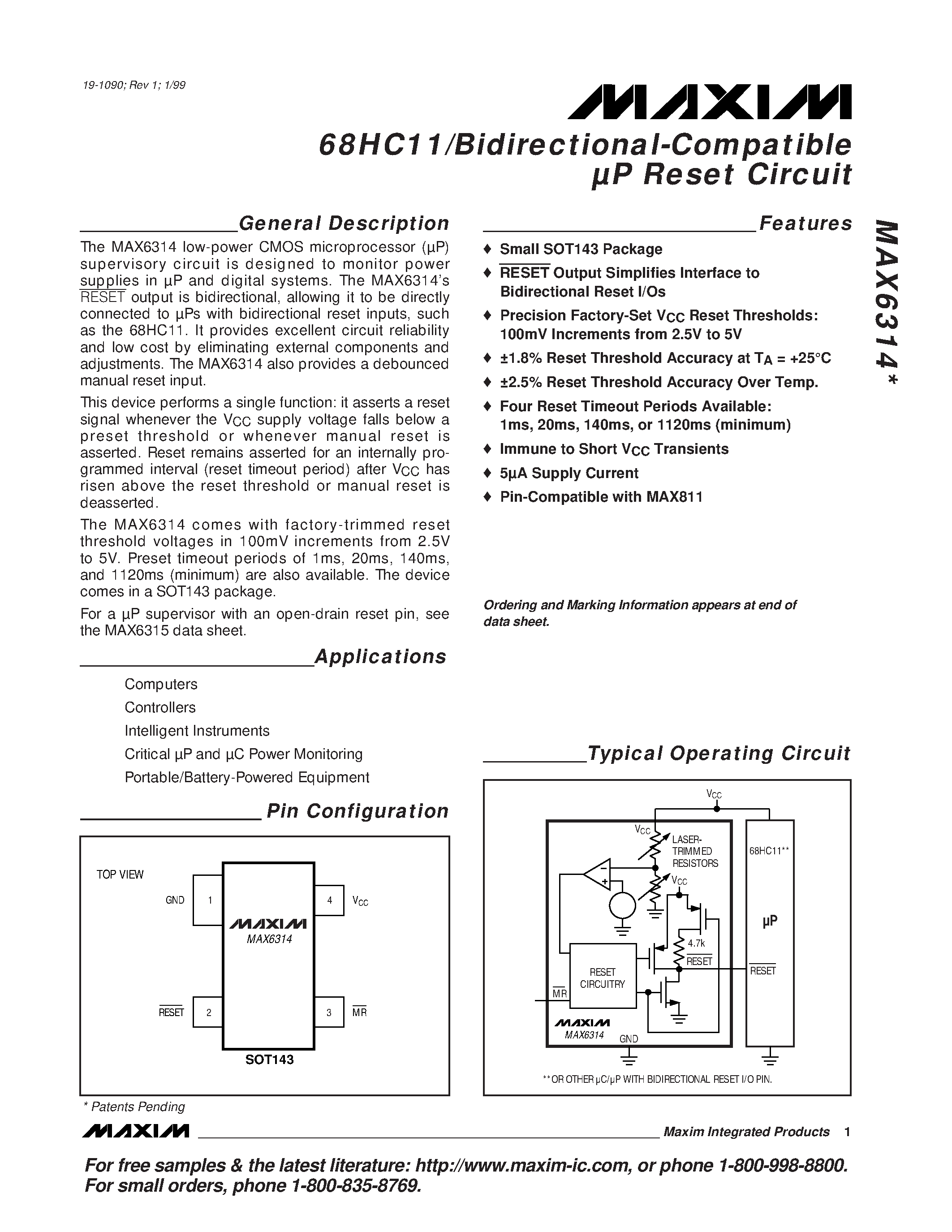 Datasheet MAX6314 - 68HC11/Bidirectional-Compatible P Reset Circuit page 1