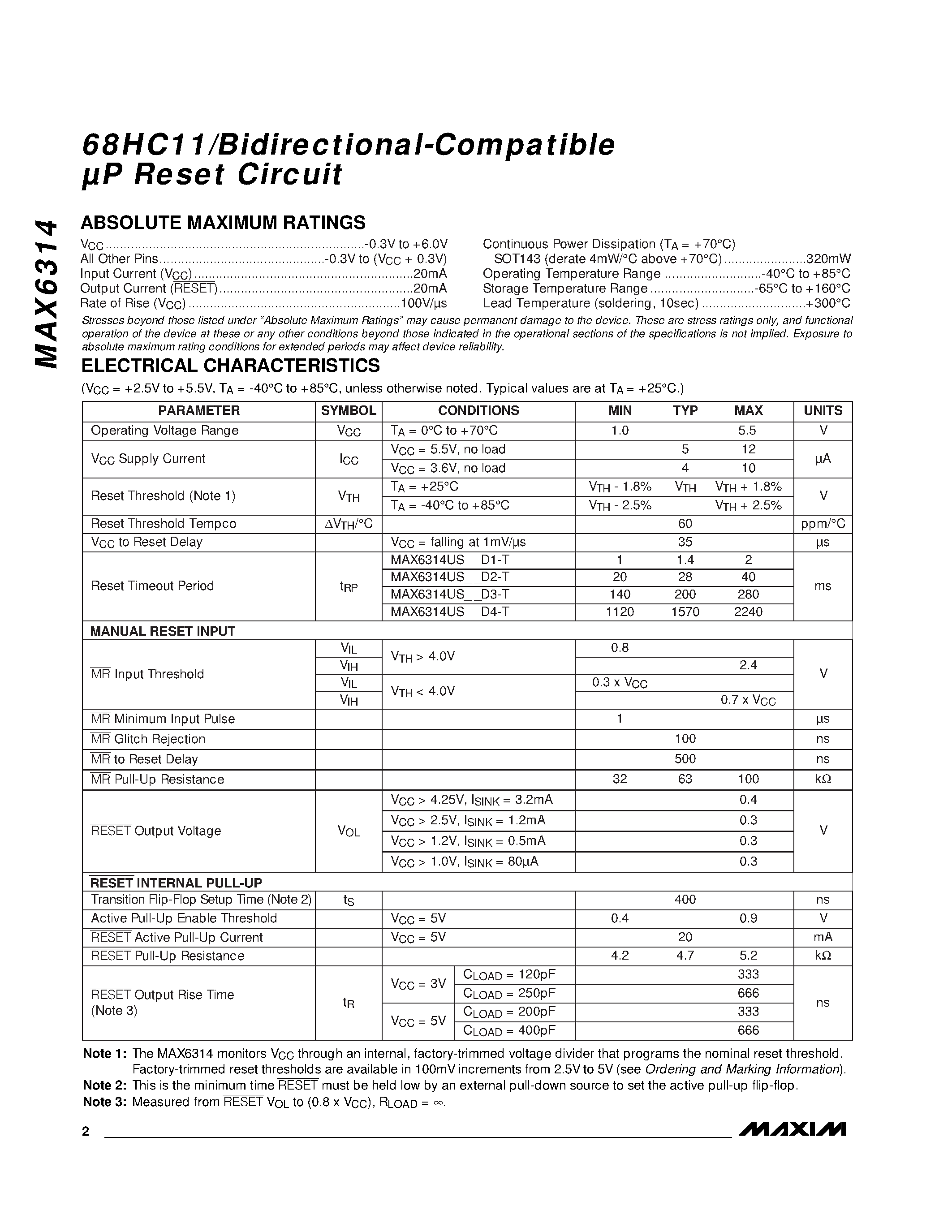 Datasheet MAX6314 - 68HC11/Bidirectional-Compatible P Reset Circuit page 2