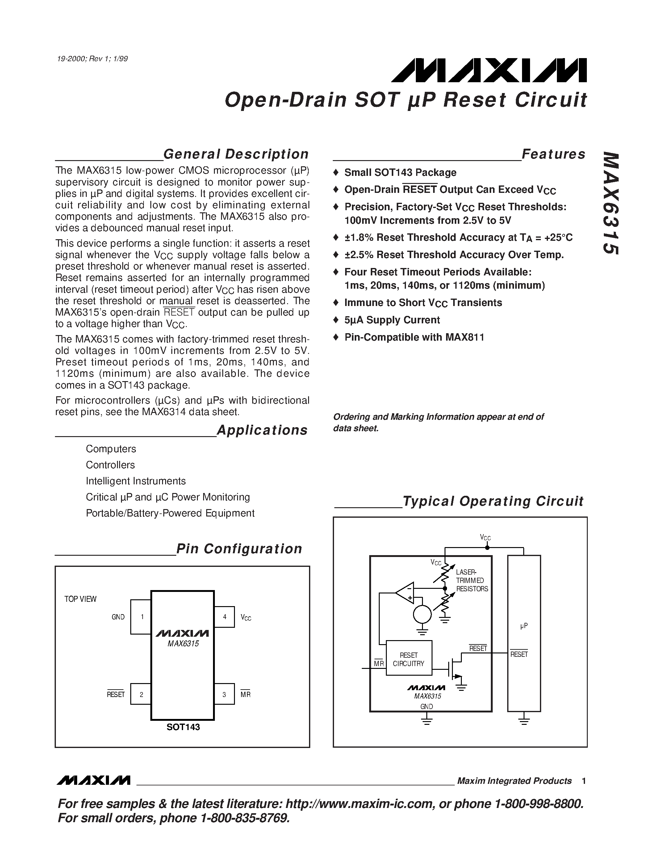 Datasheet MAX6315 - Open-Drain SOT P Reset Circuit page 1