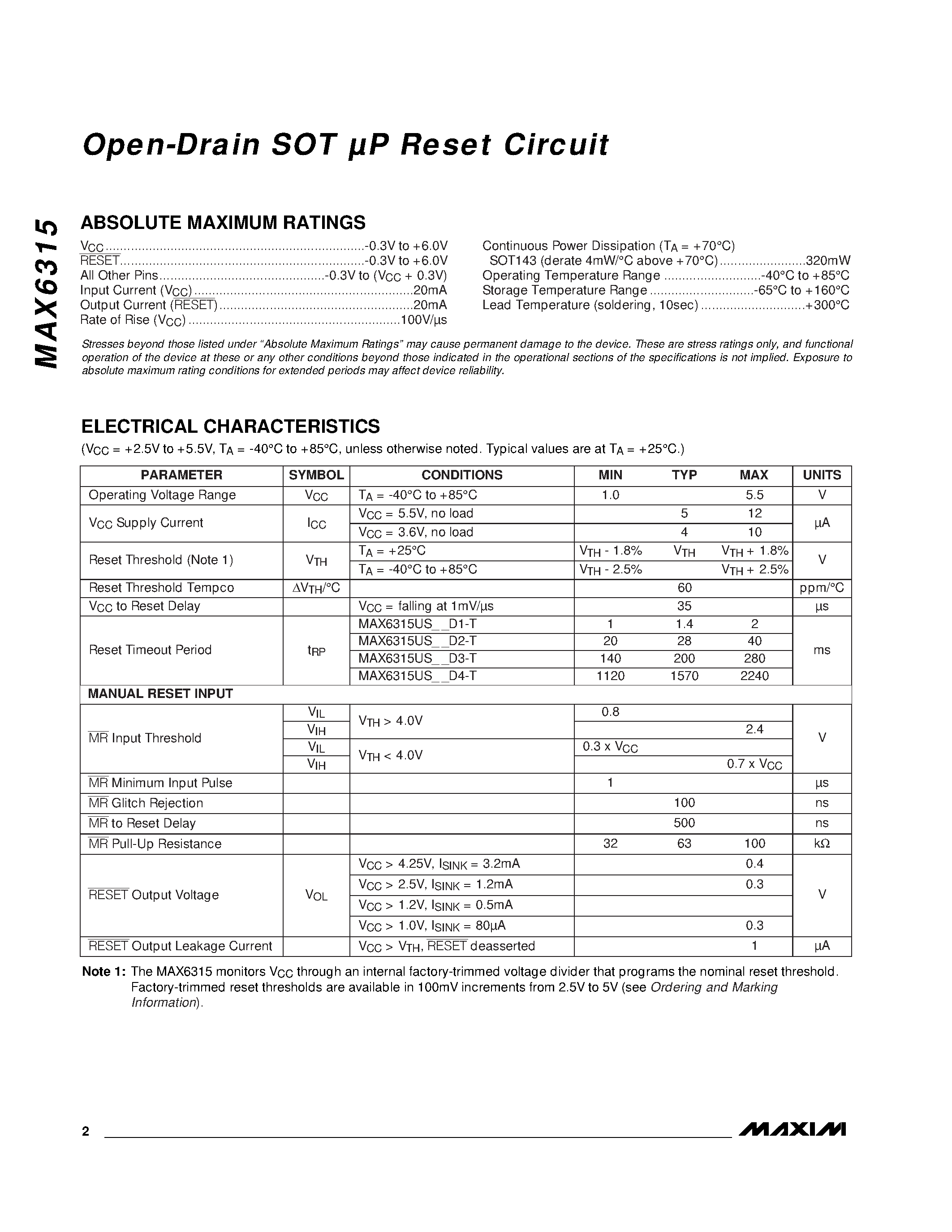 Datasheet MAX6315 - Open-Drain SOT P Reset Circuit page 2