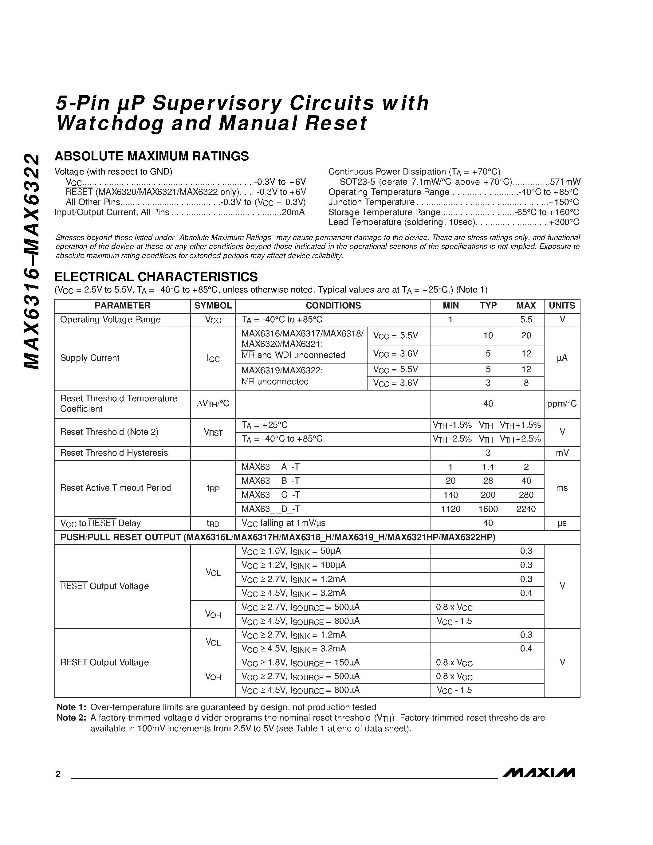 Datasheet MAX6318MHUK-T - 5-Pin P Supervisory Circuits with Watchdog and Manual Reset page 2