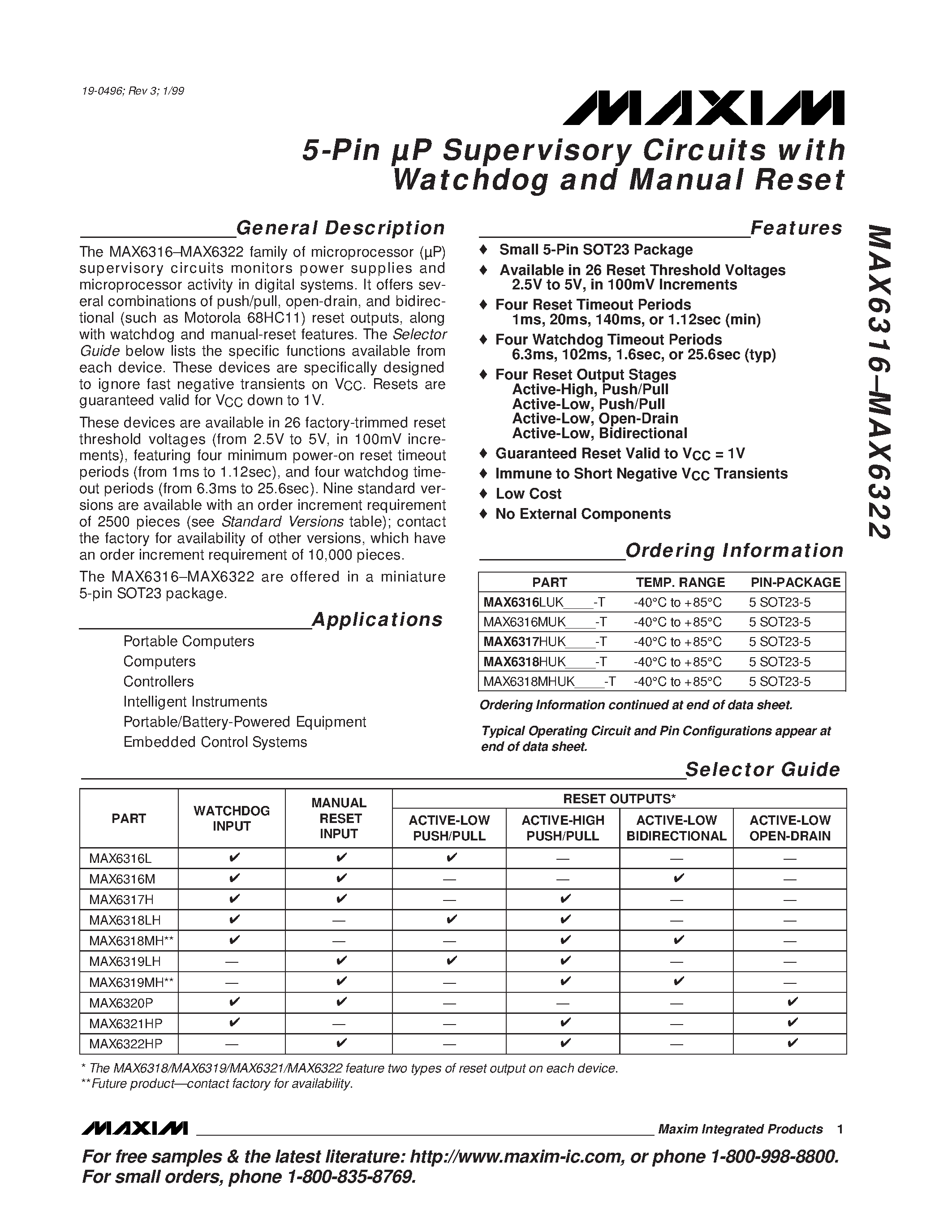 Datasheet MAX6320PUK46CY-T - 5-Pin P Supervisory Circuits with Watchdog and Manual Reset page 1