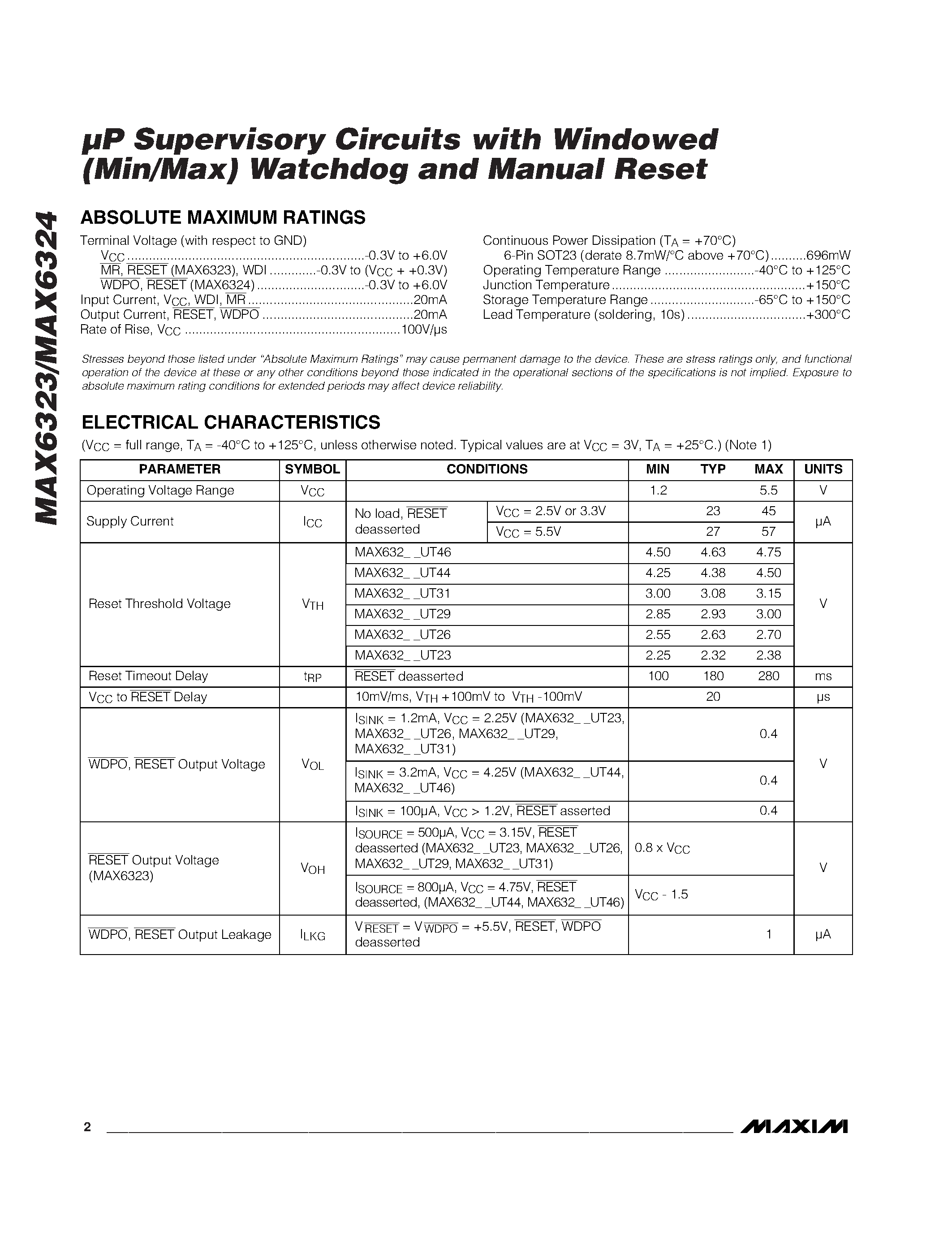 Datasheet MAX6323 page 2 Datasheet MAX6323 - P Supervisory Circuits with Windowed (Min/Max) Watchdog and Manual Reset page 2