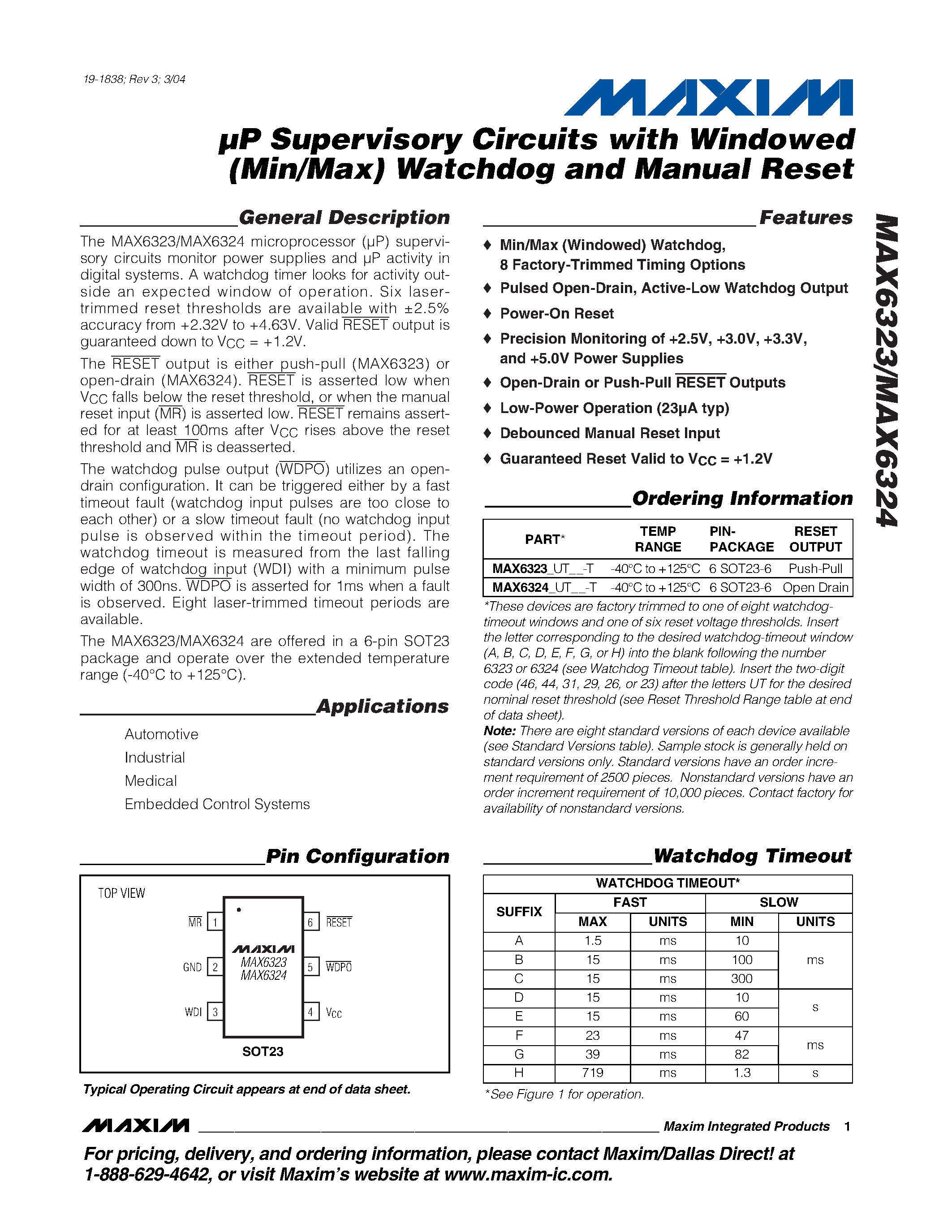 Datasheet MAX6323-MAX6324 - P Supervisory Circuits with Windowed (Min/Max) Watchdog and Manual Reset page 1