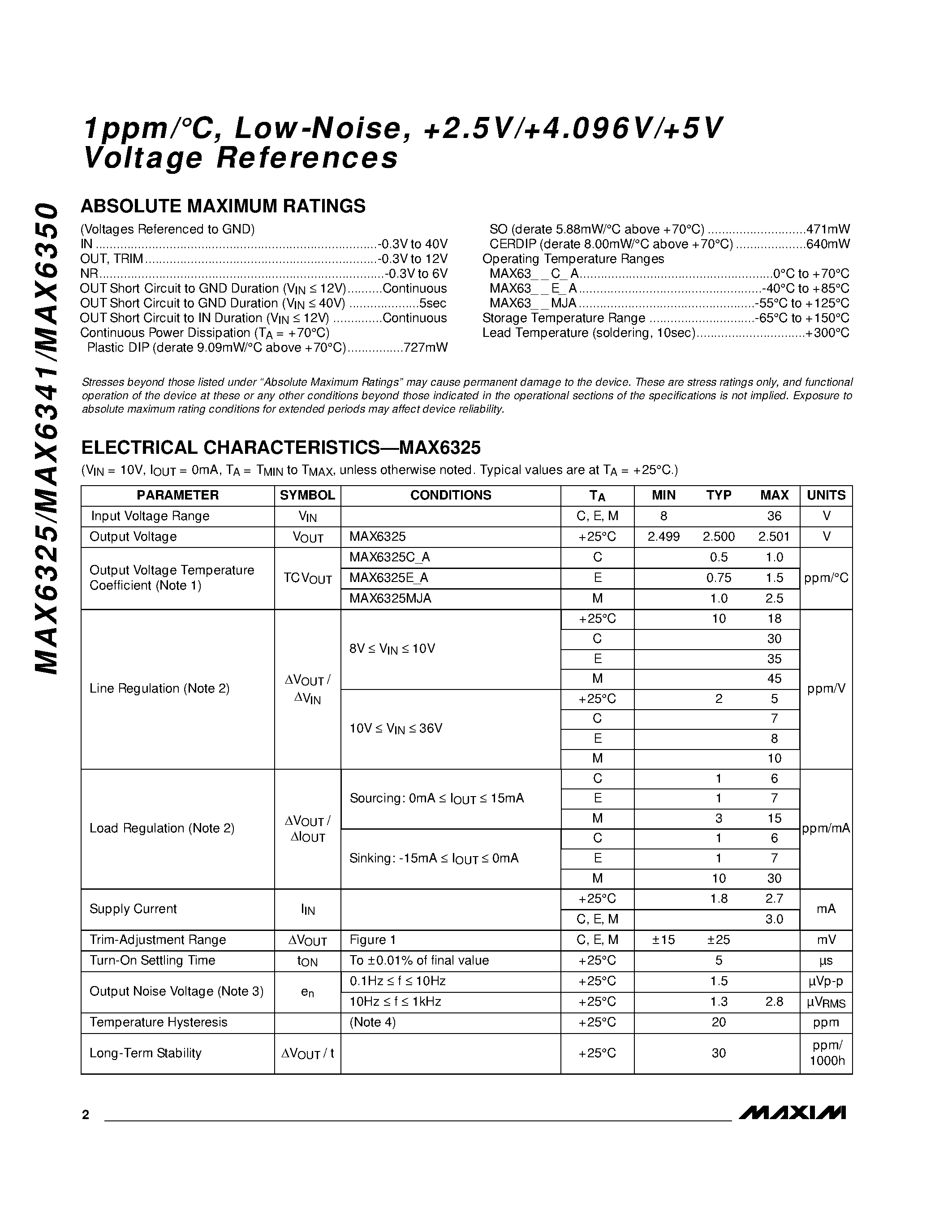 Даташит MAX6325ESA - 1ppm/C / Low-Noise / +2.5V/+4.096V/+5V Voltage References страница 2