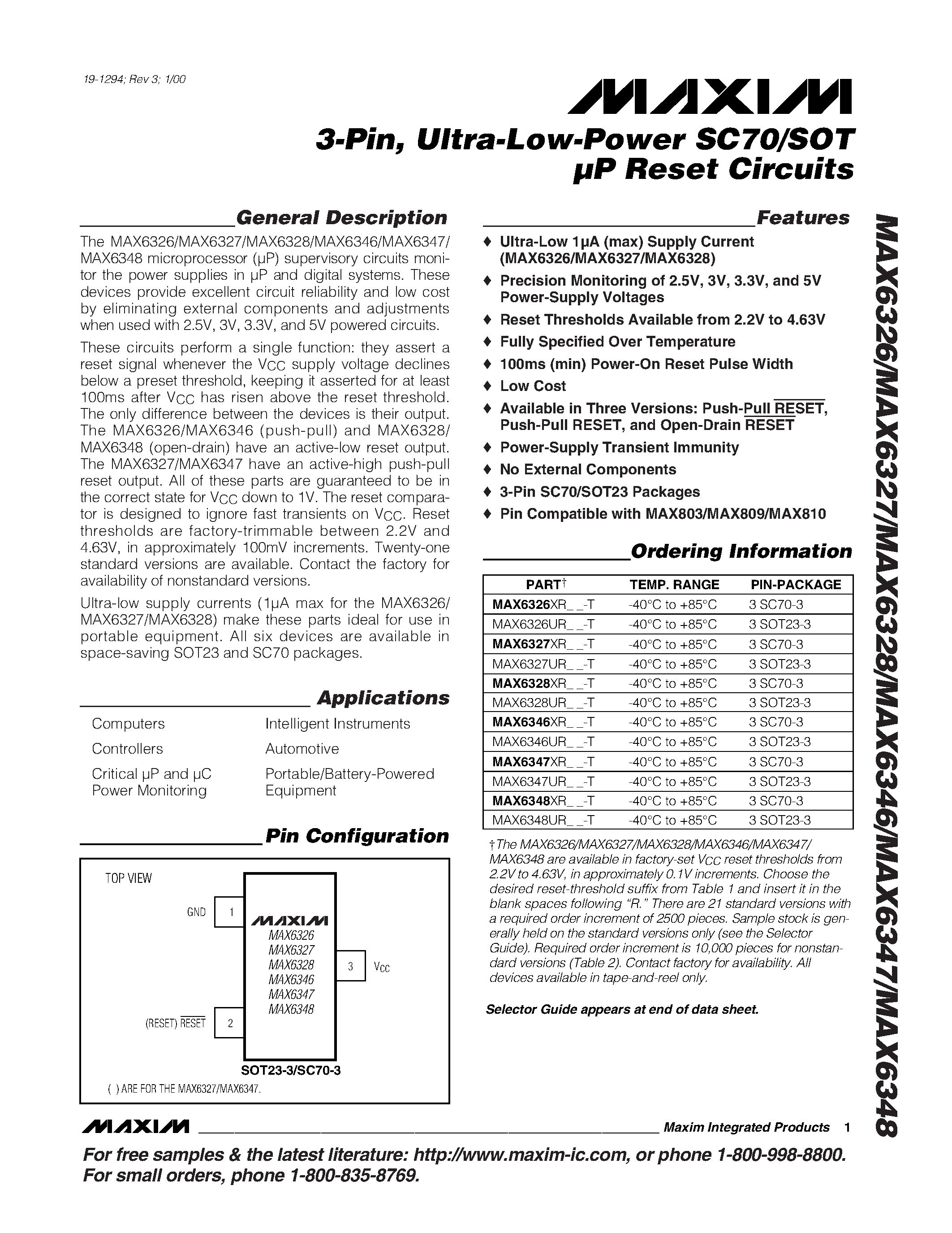 Datasheet MAX632R22-T - 3-Pin / Ultra-Low-Power SC70/SOT P Reset Circuits page 1