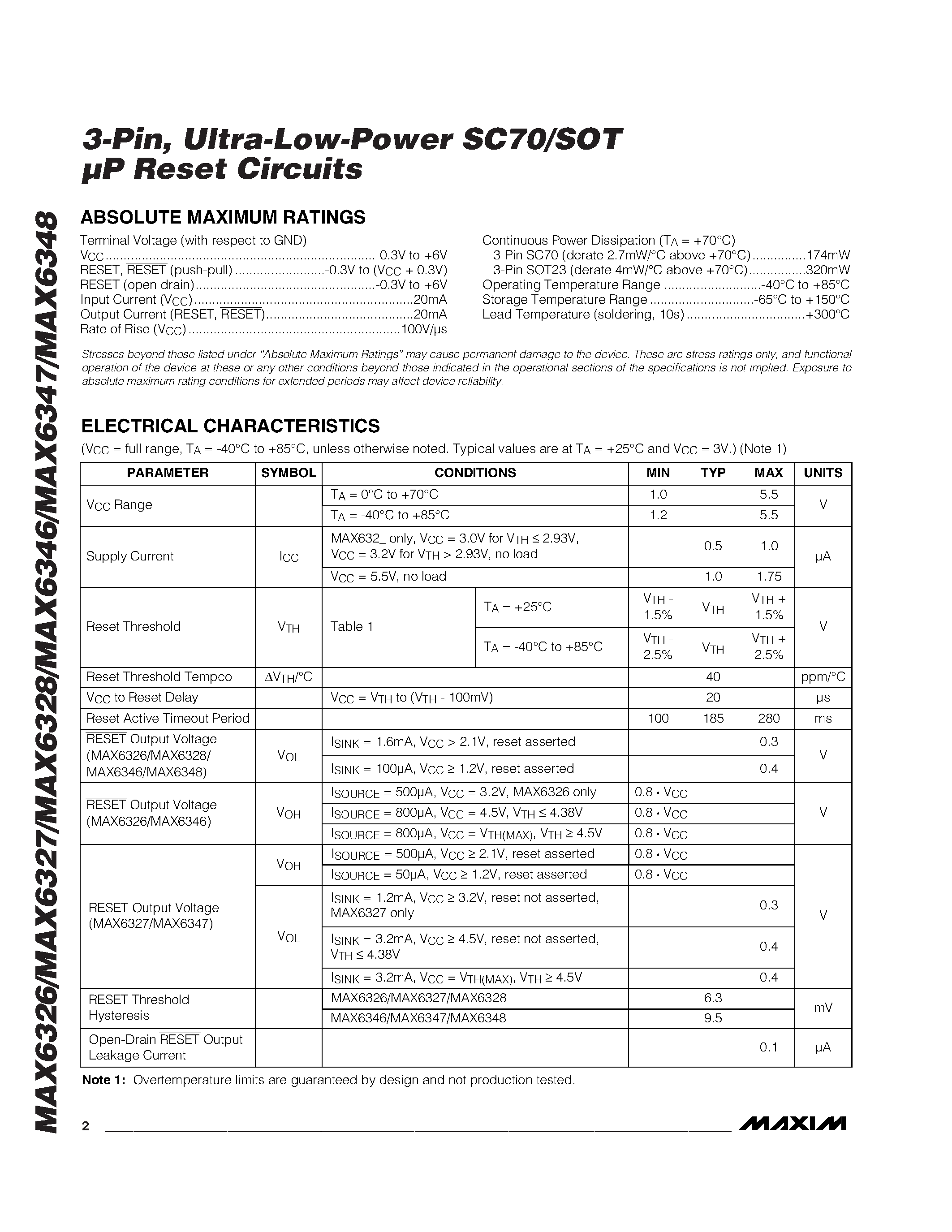 Даташит MAX632R26-T - 3-Pin / Ultra-Low-Power SC70/SOT P Reset Circuits страница 2