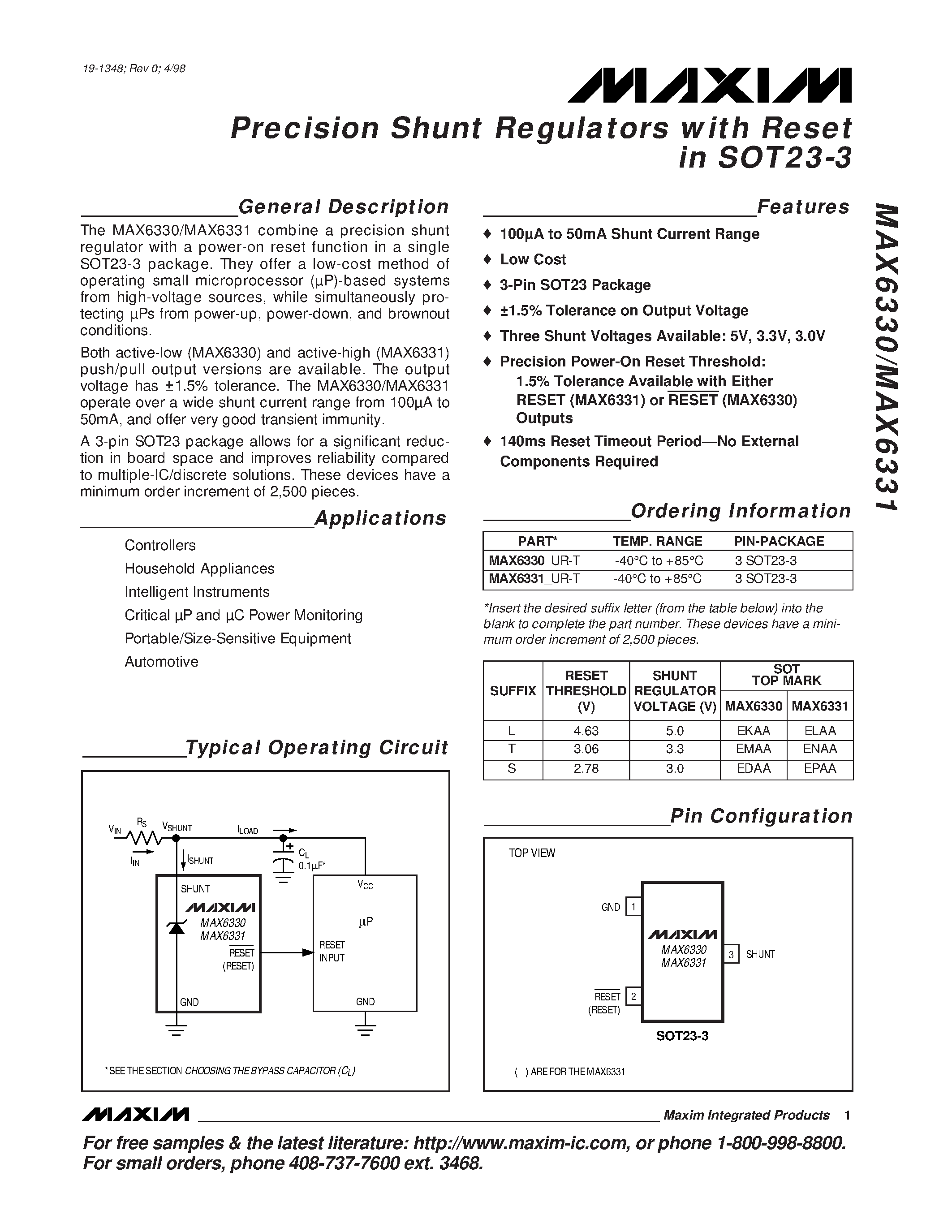 Datasheet MAX6330 - Precision Shunt Regulators with Reset in SOT23-3 page 1