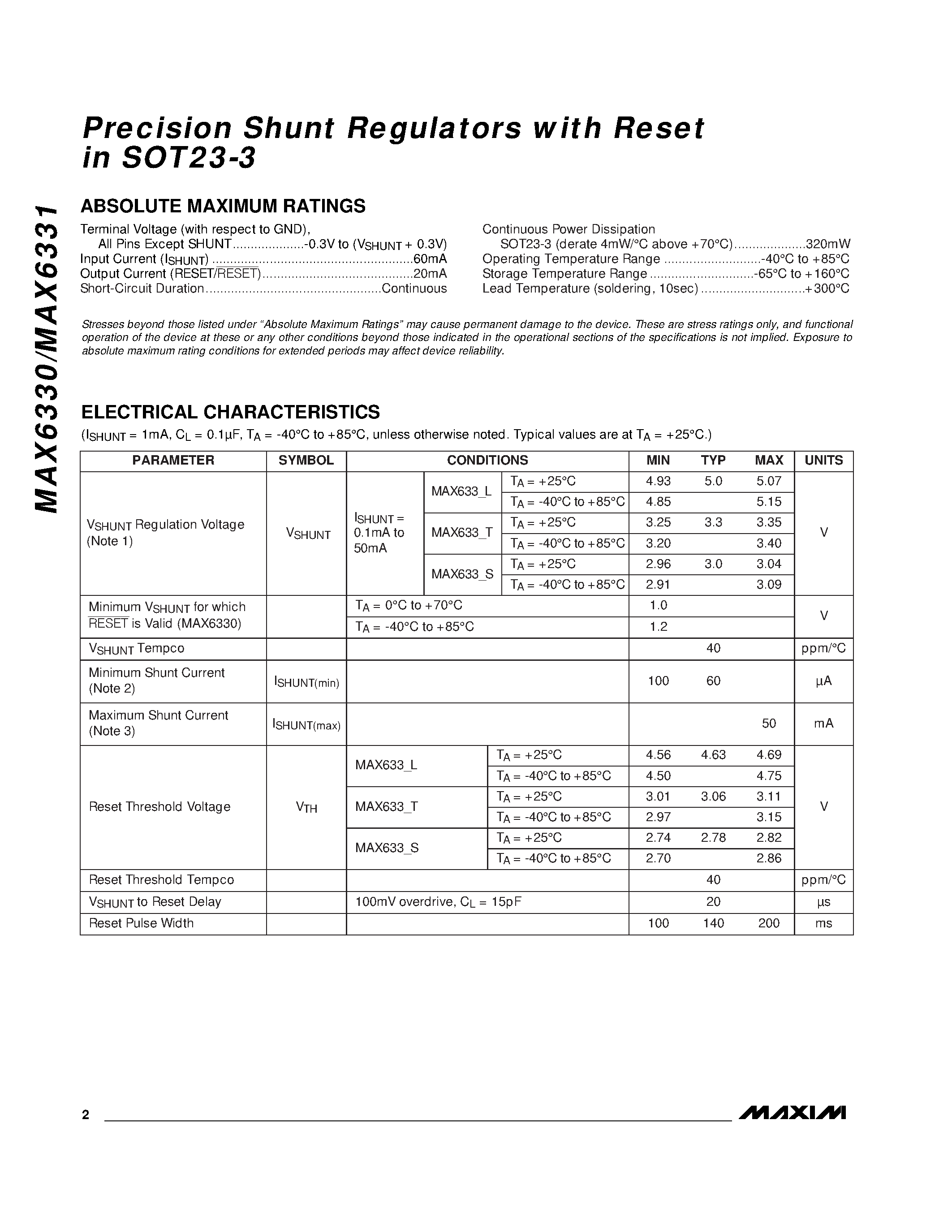 Datasheet MAX6330-MAX6331 - Precision Shunt Regulators with Reset in SOT23-3 page 2