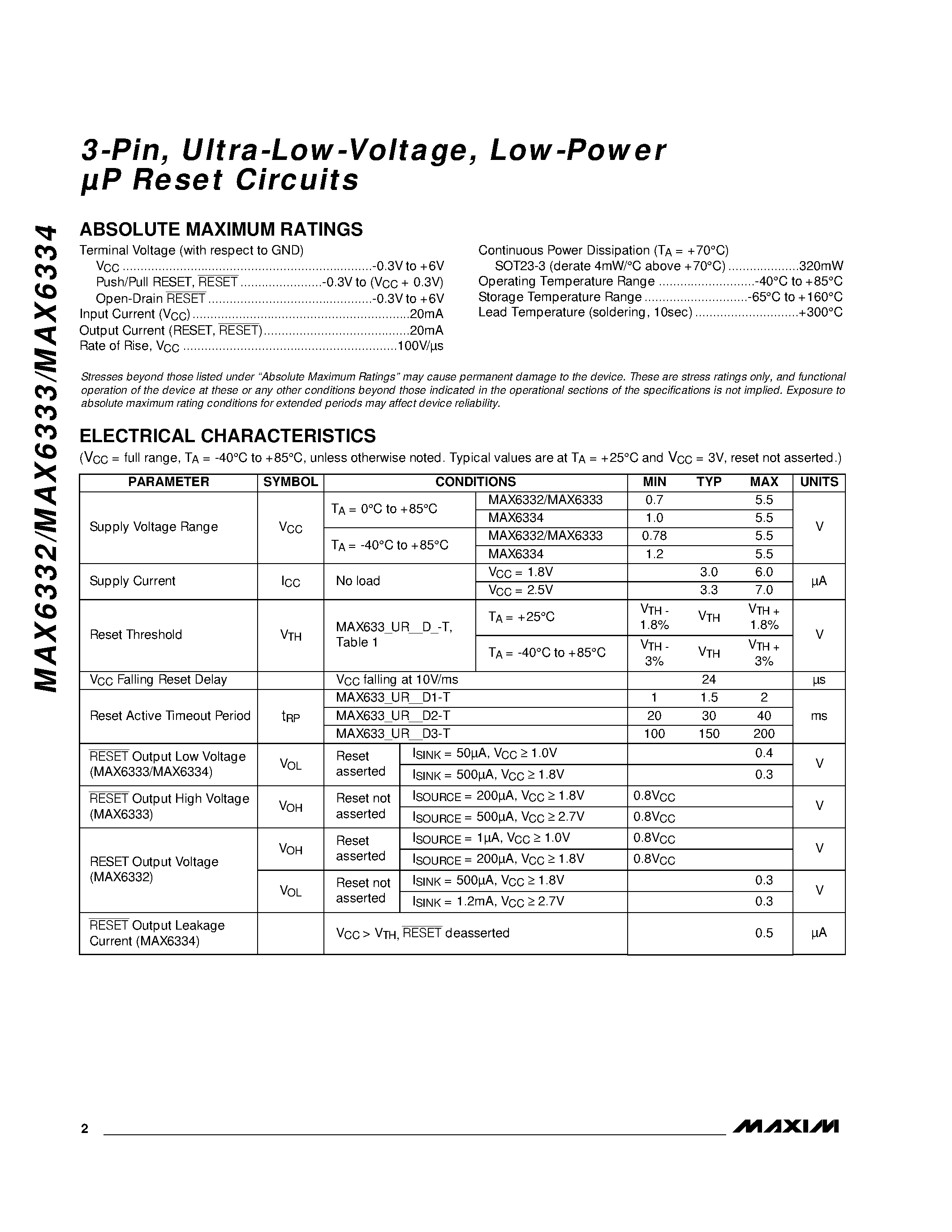 Datasheet MAX6333 - 3-Pin / Ultra-Low-Voltage / Low-Power P Reset Circuits page 2