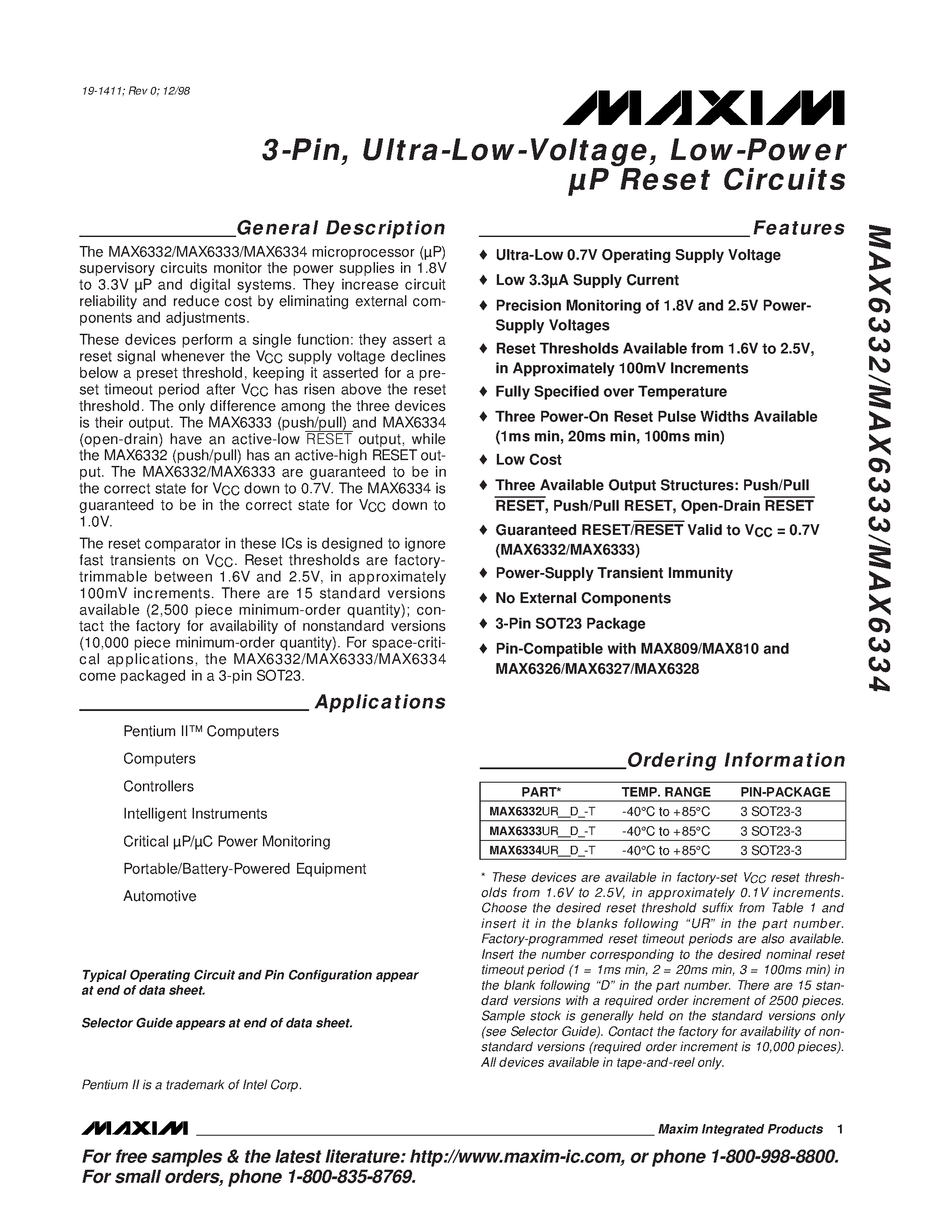 Datasheet MAX6334 - 3-Pin / Ultra-Low-Voltage / Low-Power P Reset Circuits page 1