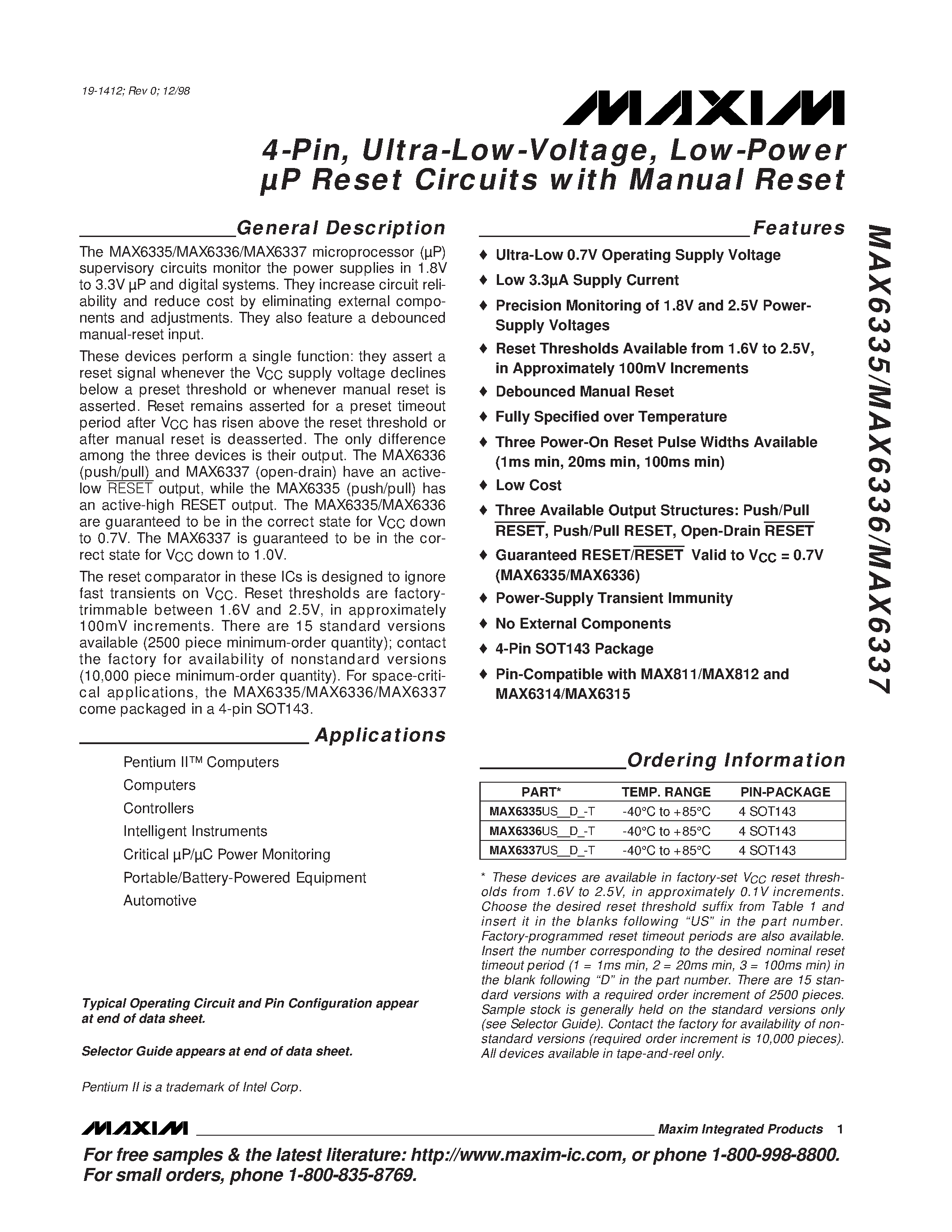 Datasheet MAX6335 - 4-Pin / Ultra-Low-Voltage / Low-Power P Reset Circuits with Manual Reset page 1
