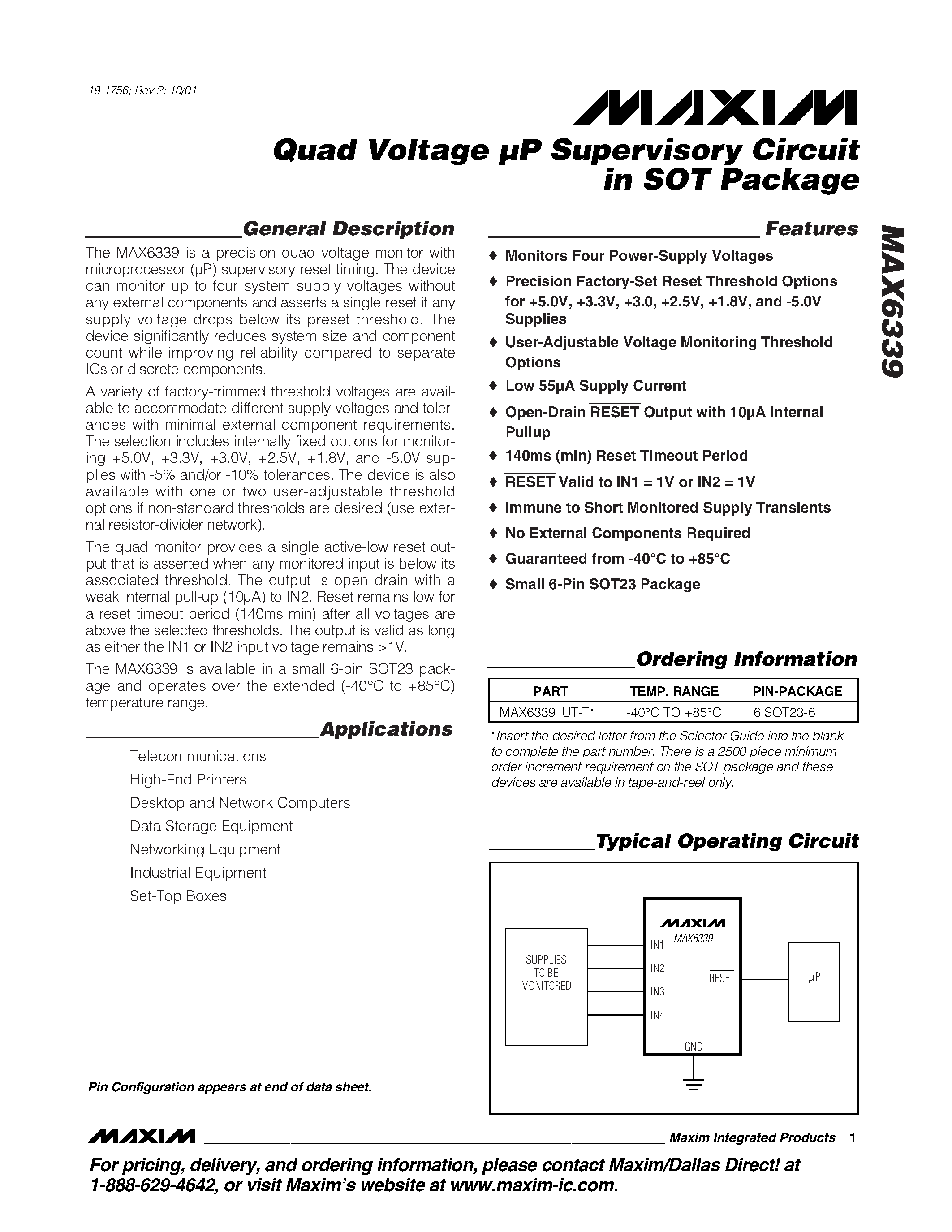 Datasheet MAX6339 - Quad Voltage P Supervisory Circuit in SOT Package page 1