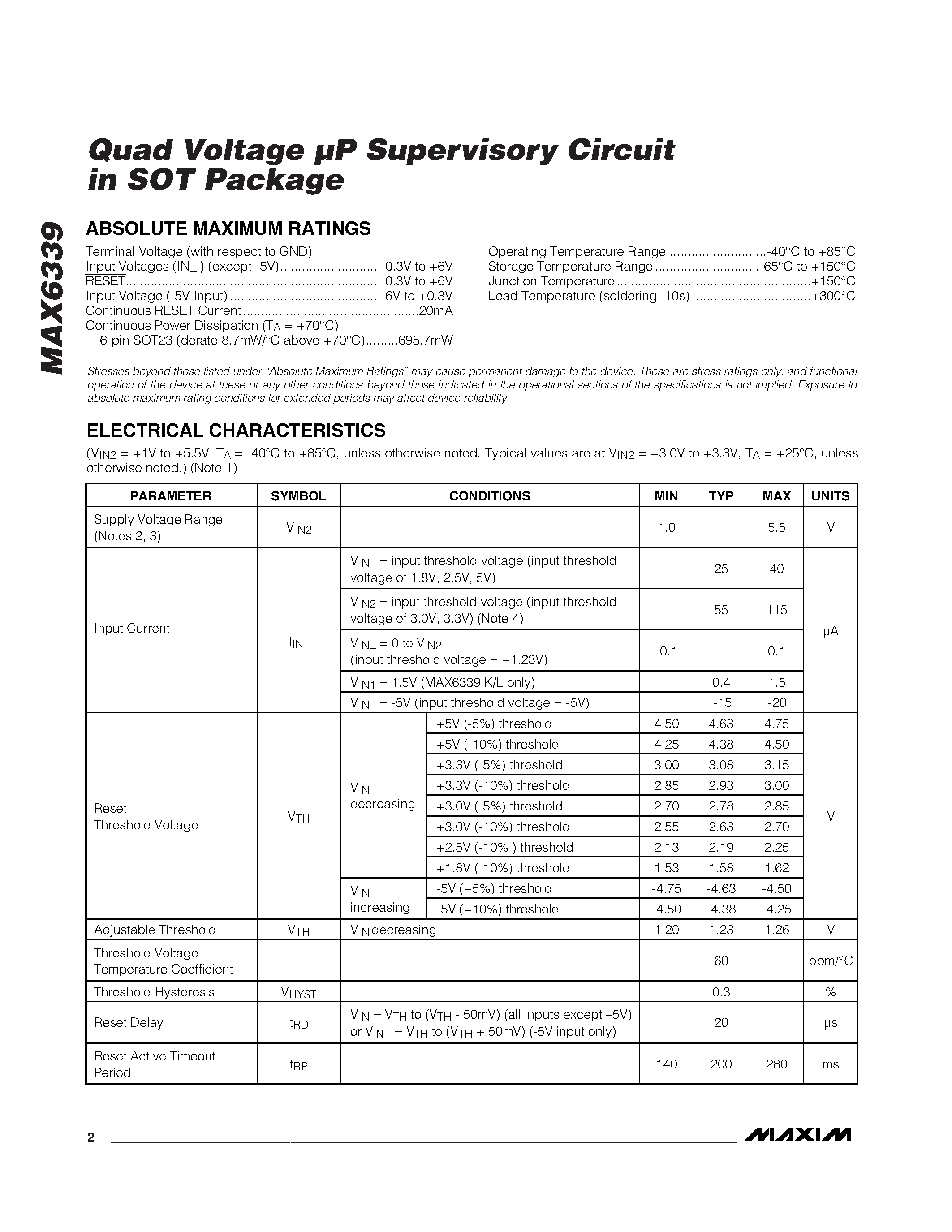 Datasheet MAX6339 - Quad Voltage P Supervisory Circuit in SOT Package page 2