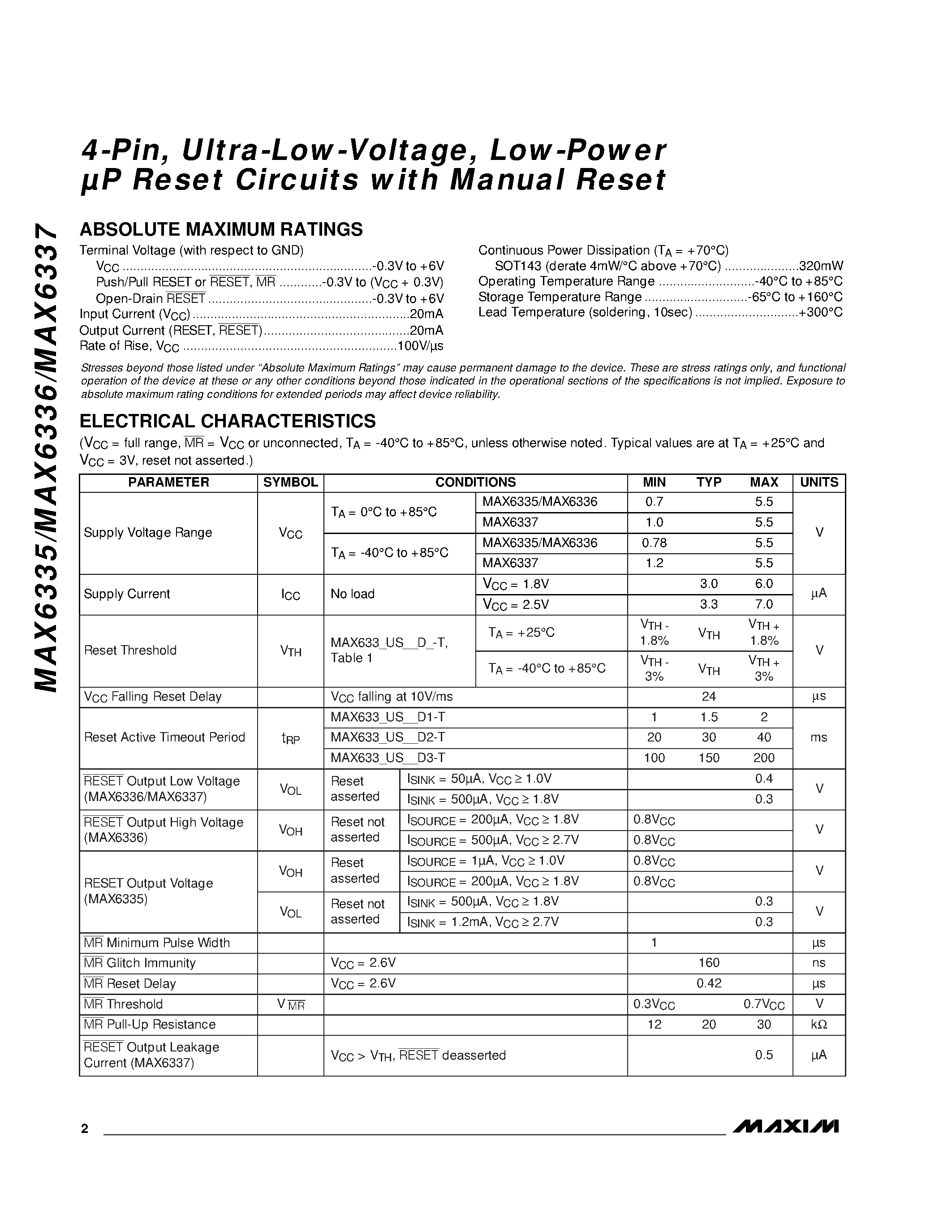 Даташит MAX633US22D - 4-Pin / Ultra-Low-Voltage / Low-Power P Reset Circuits with Manual Reset страница 2