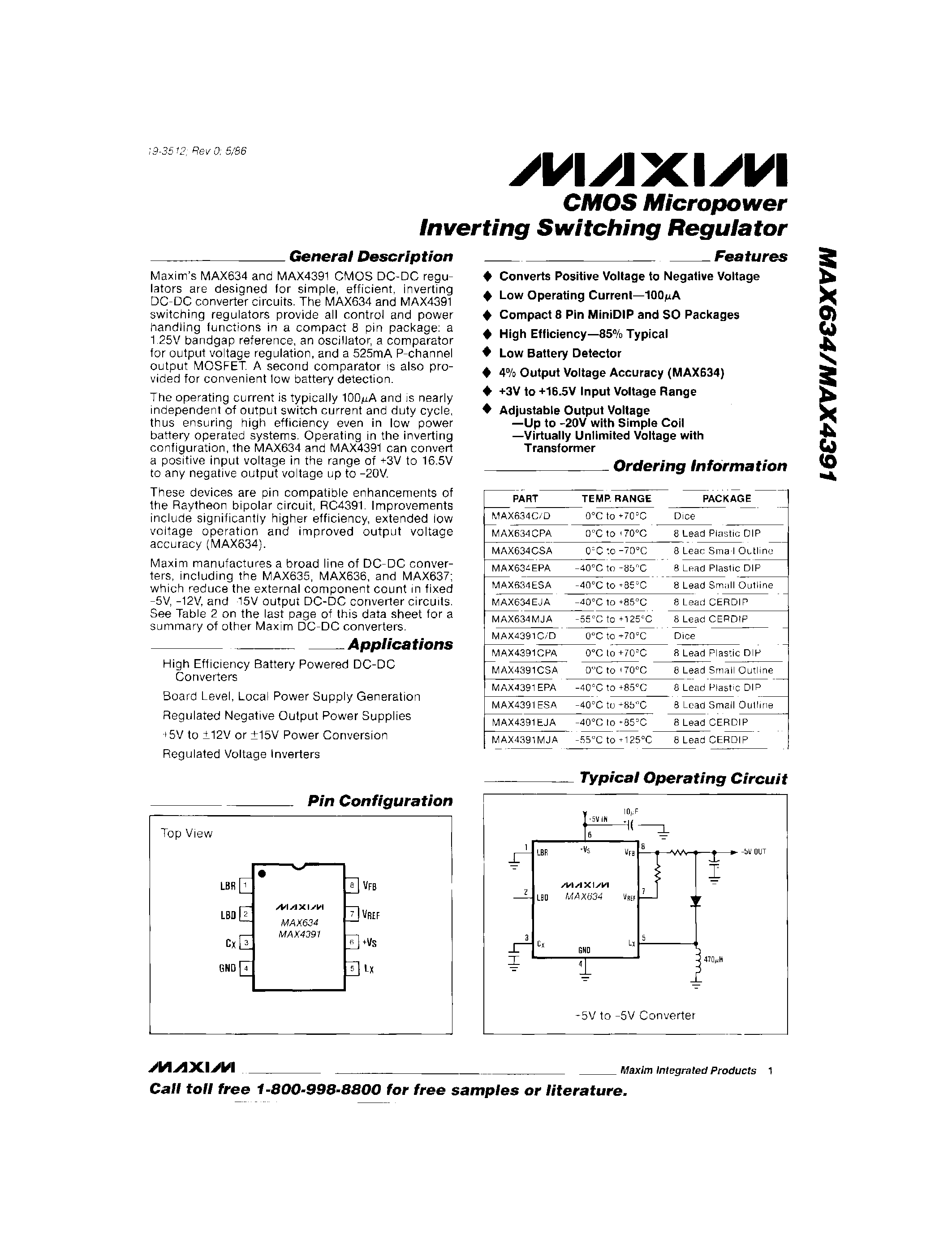 Datasheet MAX634 - CMOS Micropower Inverting Switching Regulator page 1