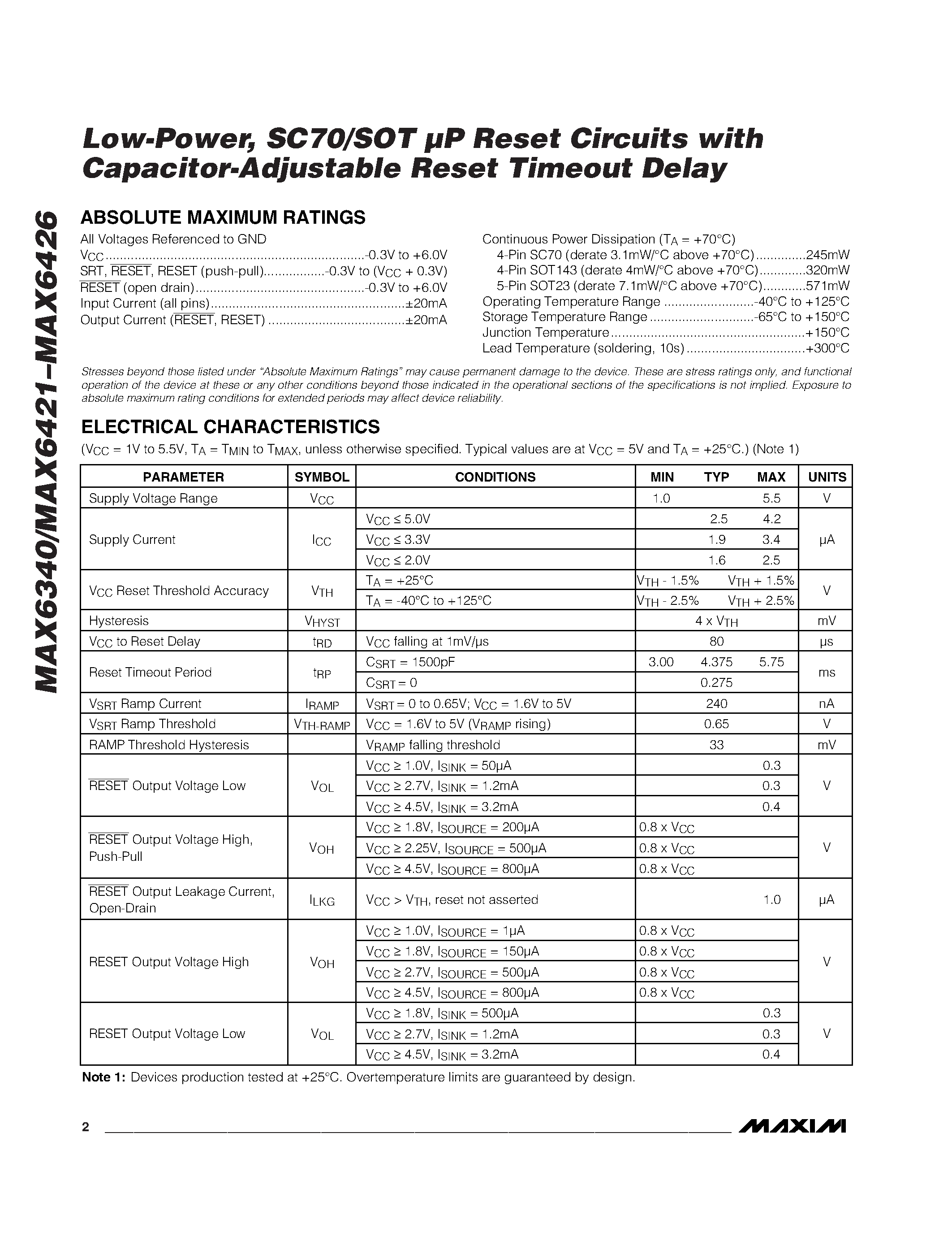 Даташит на микросхему MAX6340 страница 2 Даташит MAX6340 - Low-Power / SC70/SOT P Reset Circuits with Capacitor-Adjustable Reset Timeout Delay страница 2