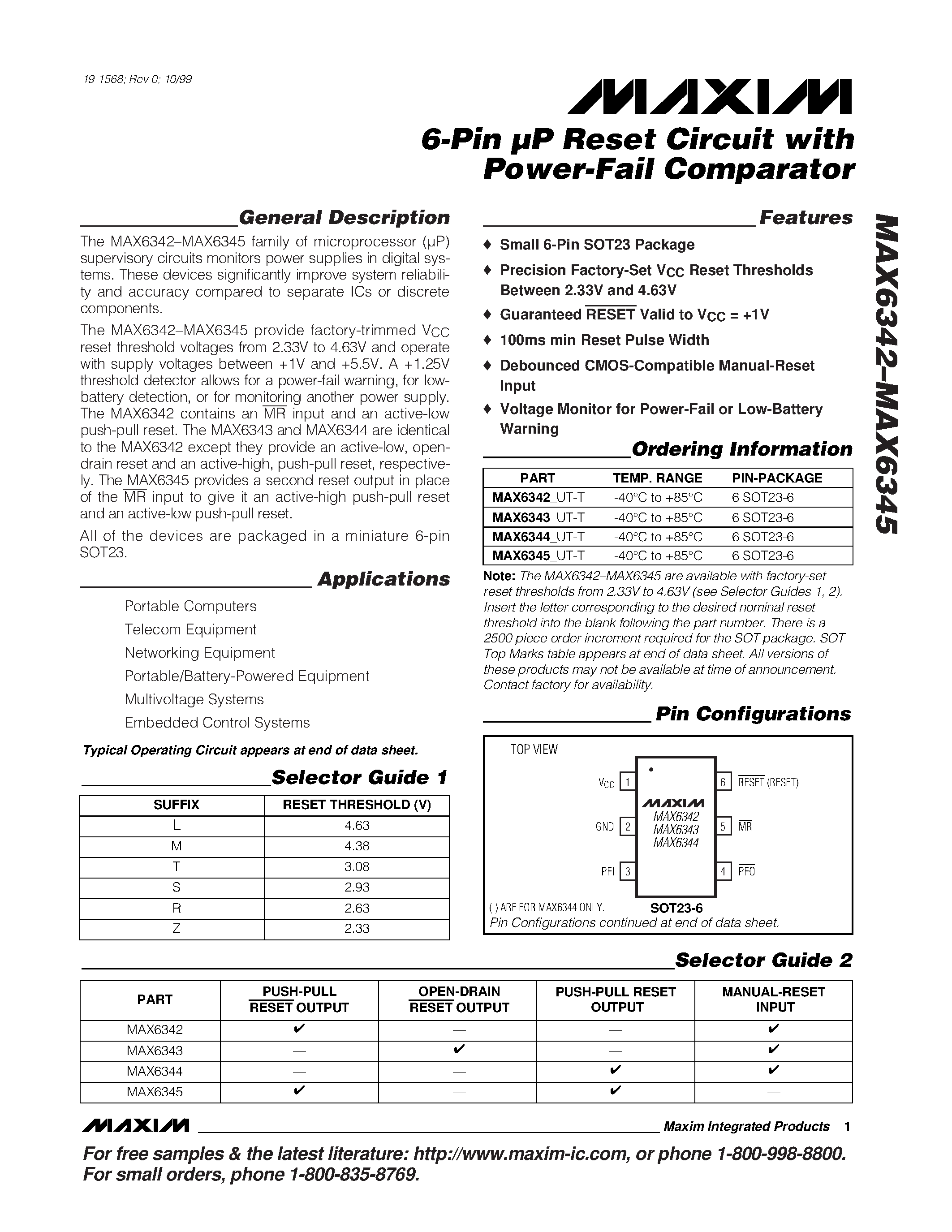 Datasheet MAX6343UT-T - 6-Pin P Reset Circuit with Power-Fail Comparator page 1