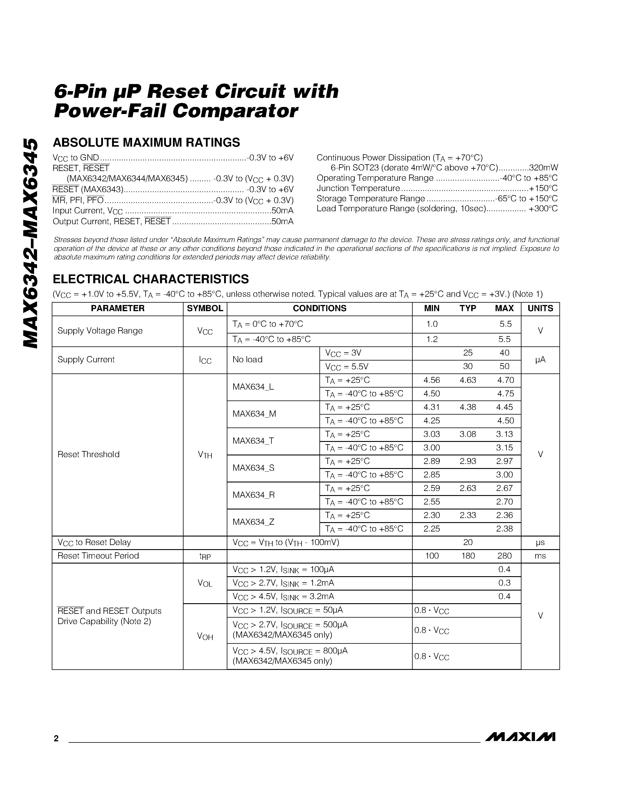 Datasheet MAX6343UT-T - 6-Pin P Reset Circuit with Power-Fail Comparator page 2