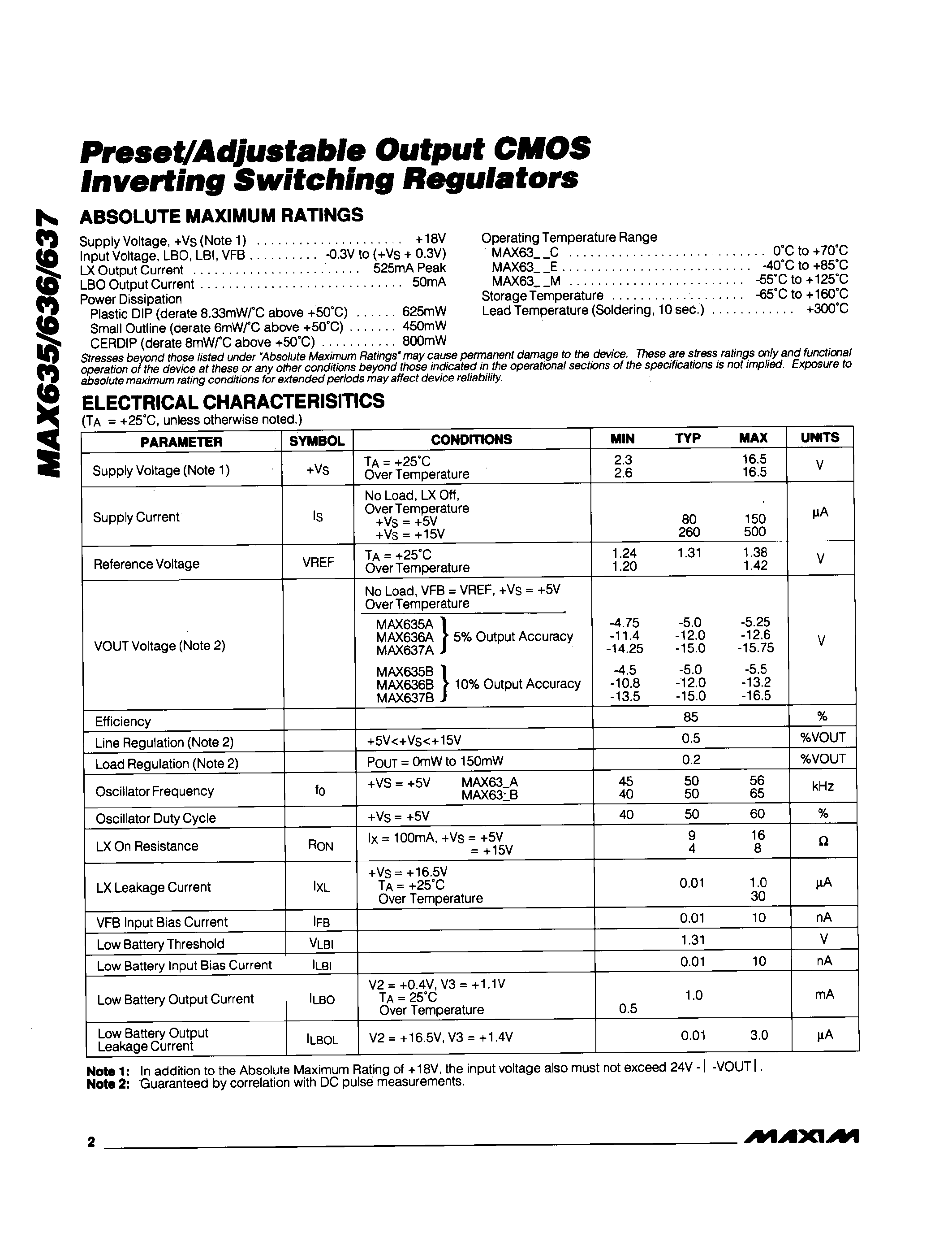 Datasheet MAX635 page 2 Datasheet MAX635 - Preset/Adjustable Output CMOS Inverting Switching Regulators page 2