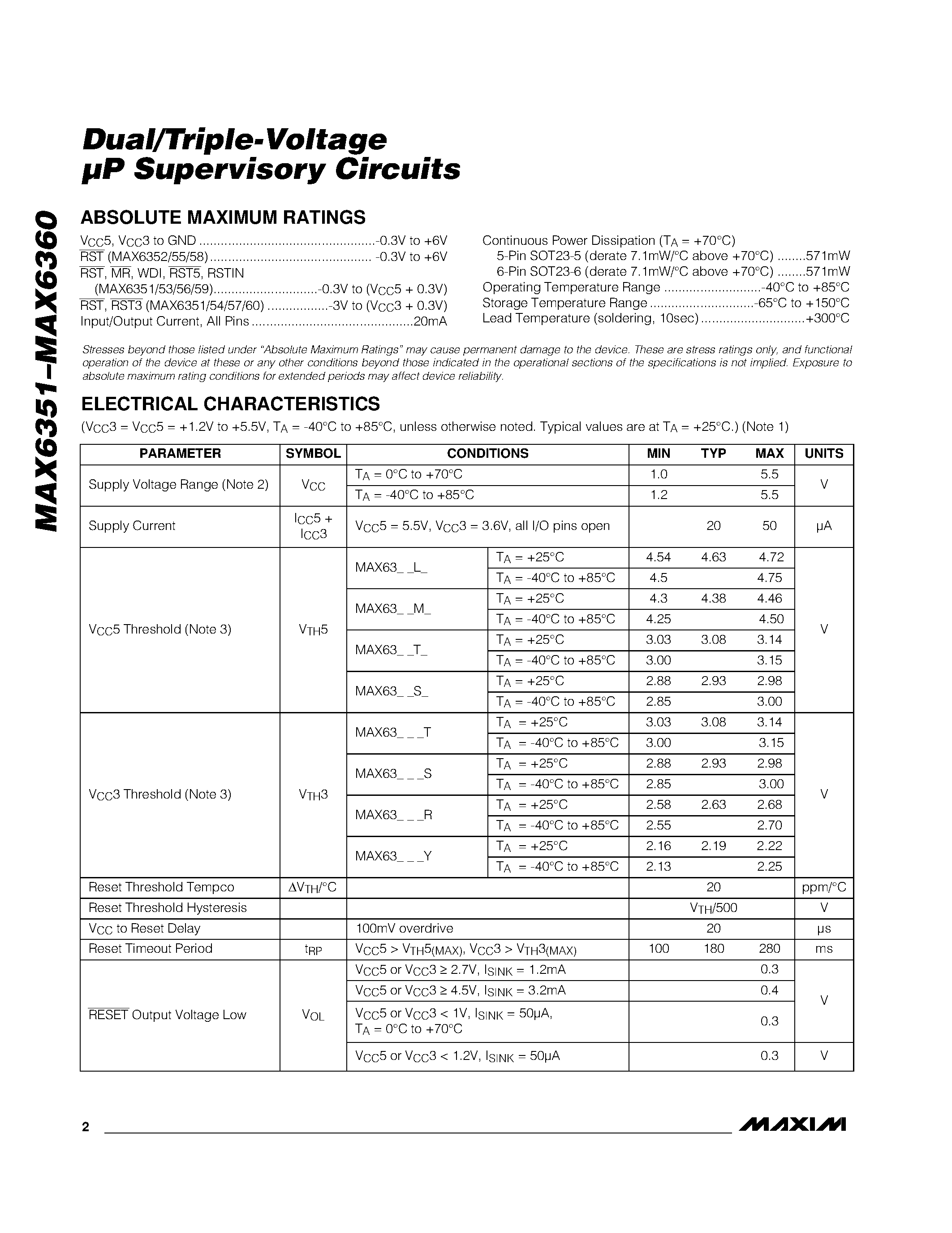 Даташит на микросхему MAX6355 страница 2 Даташит MAX6355 - Dual/Triple-Voltage P Supervisory Circuits страница 2